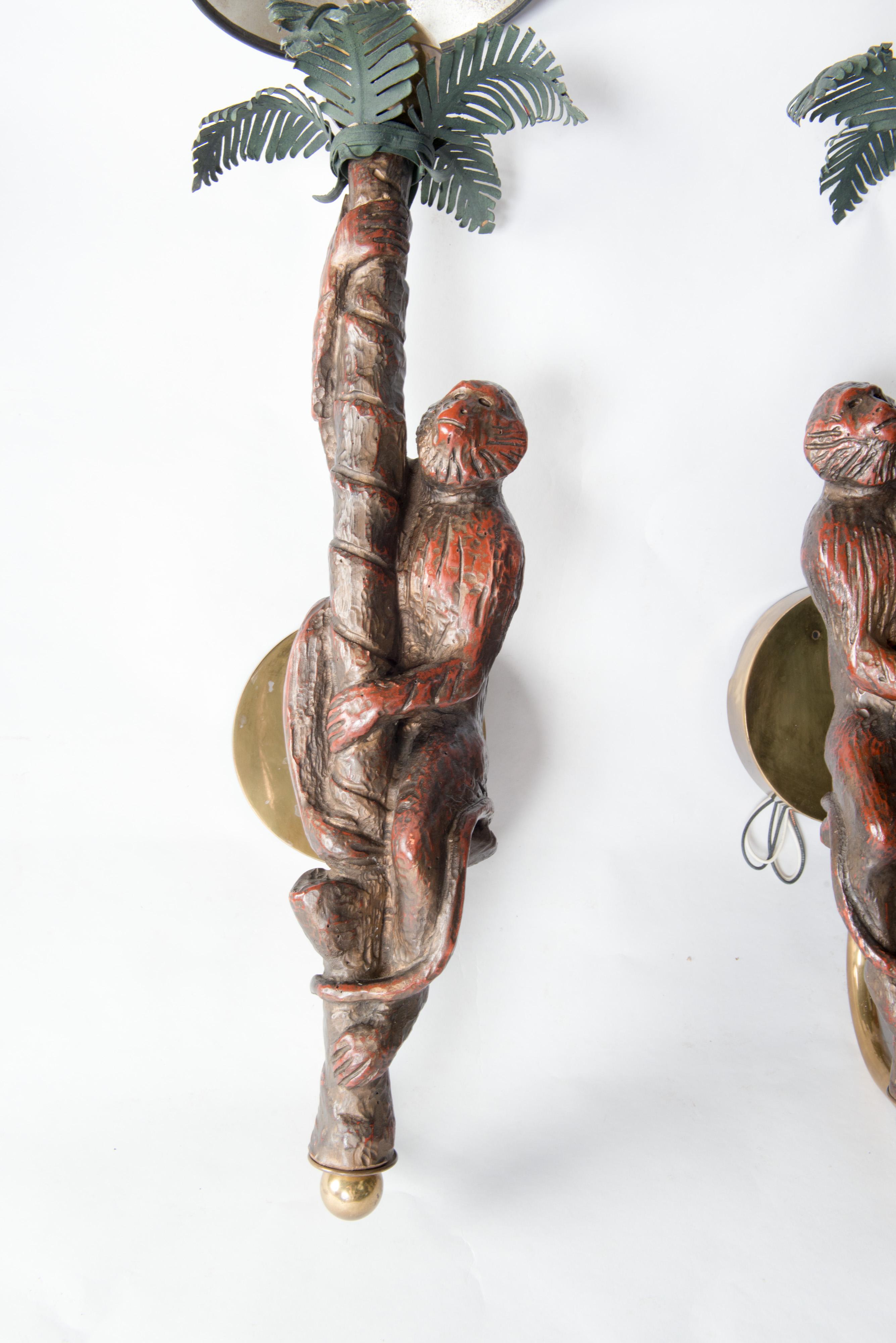 Large Pair of Carved Wood Monkey Sconces For Sale 3