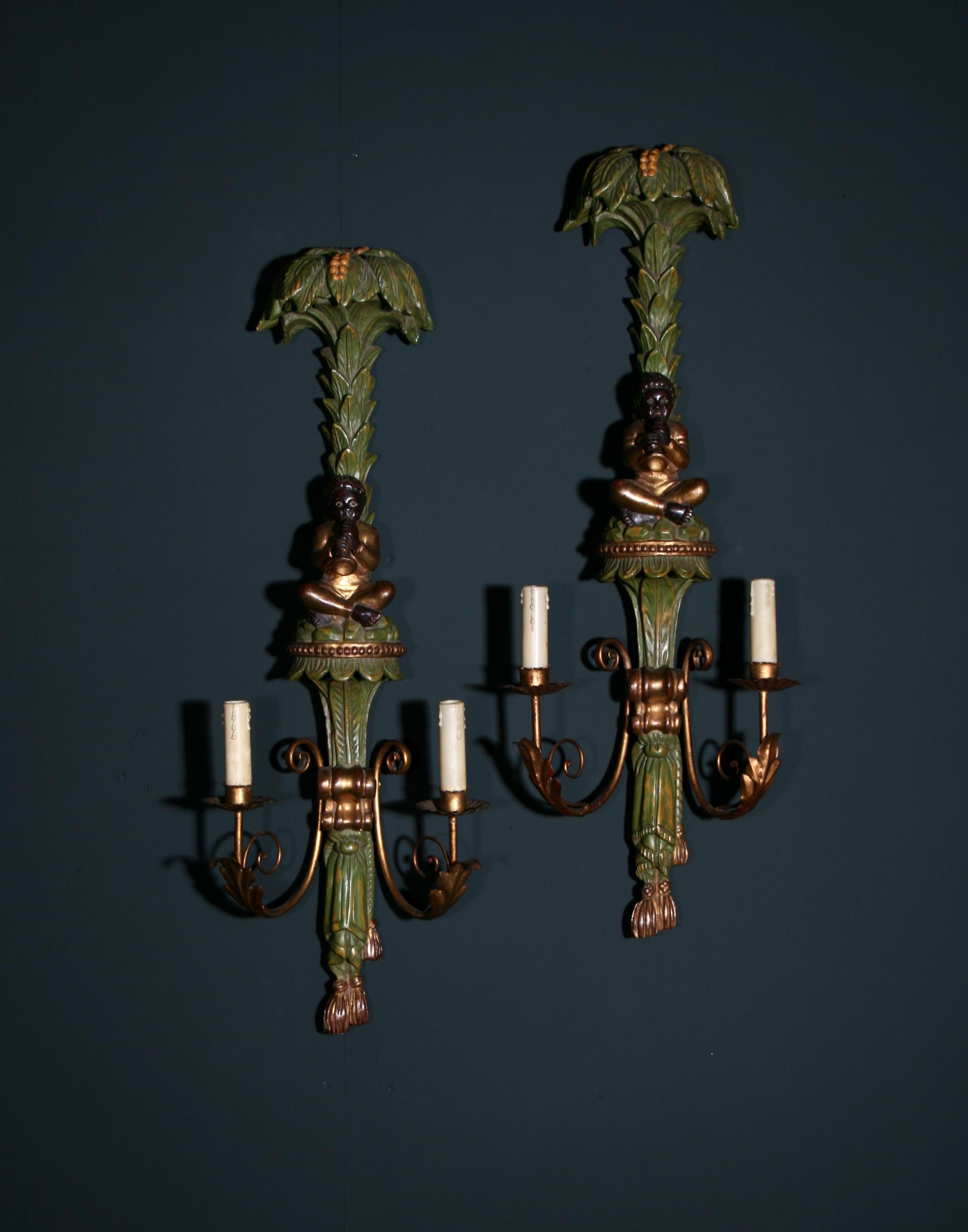 Italian Large Pair Of Carved Wood Wall Sconces For Sale