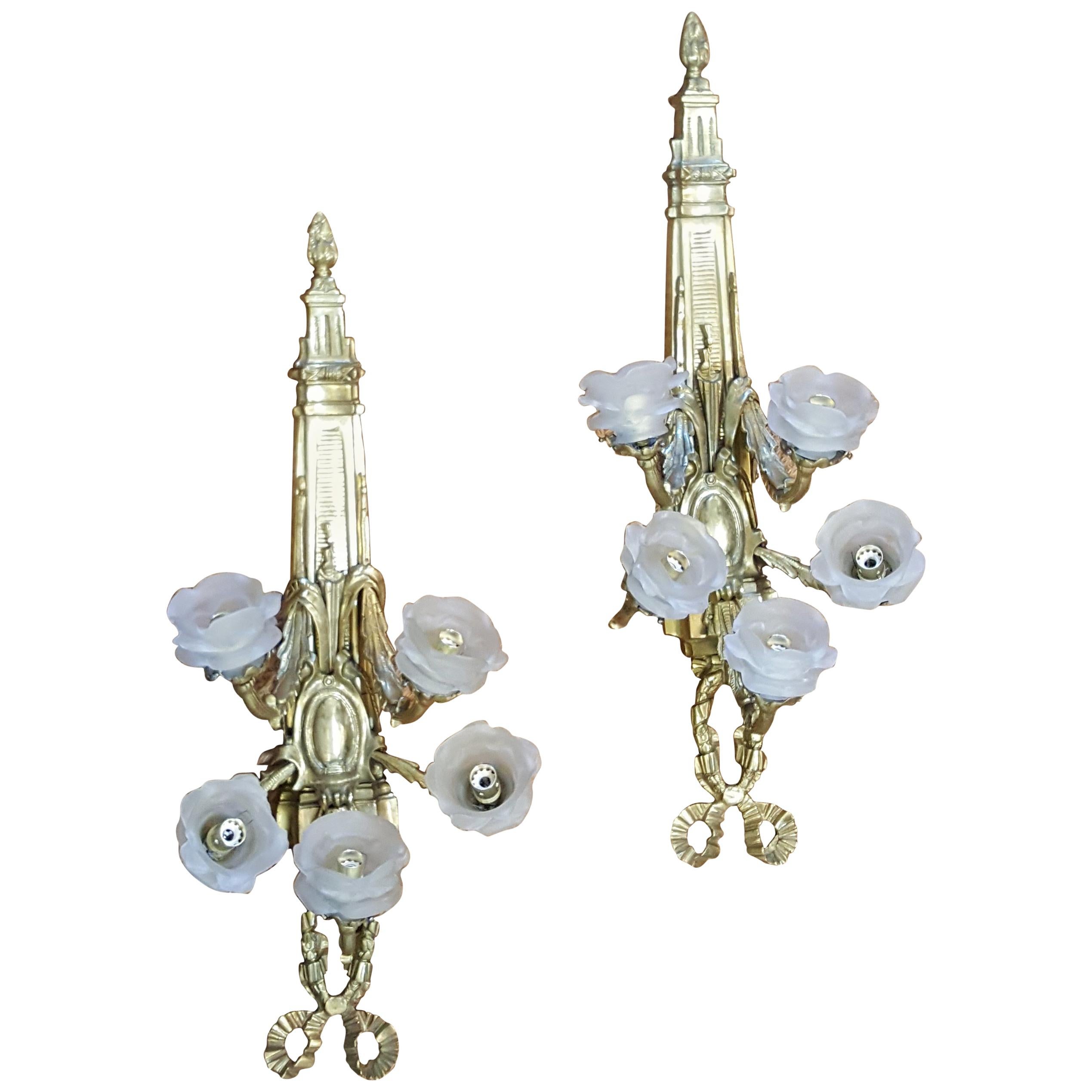 Large Pair of Cast Brass Five Light Wall Sconces