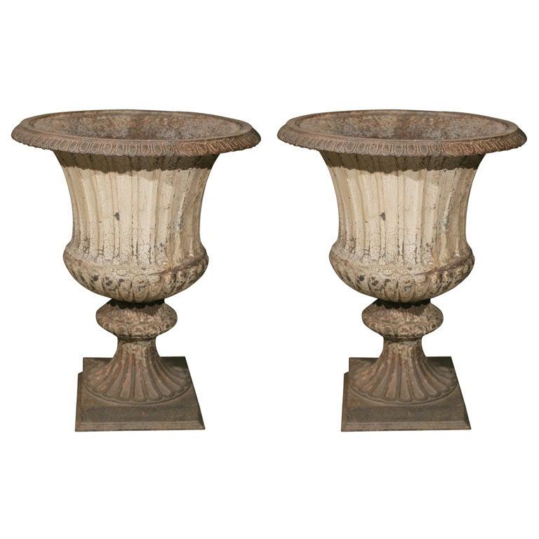 Large Pair of Cast Iron Fluted Urns For Sale