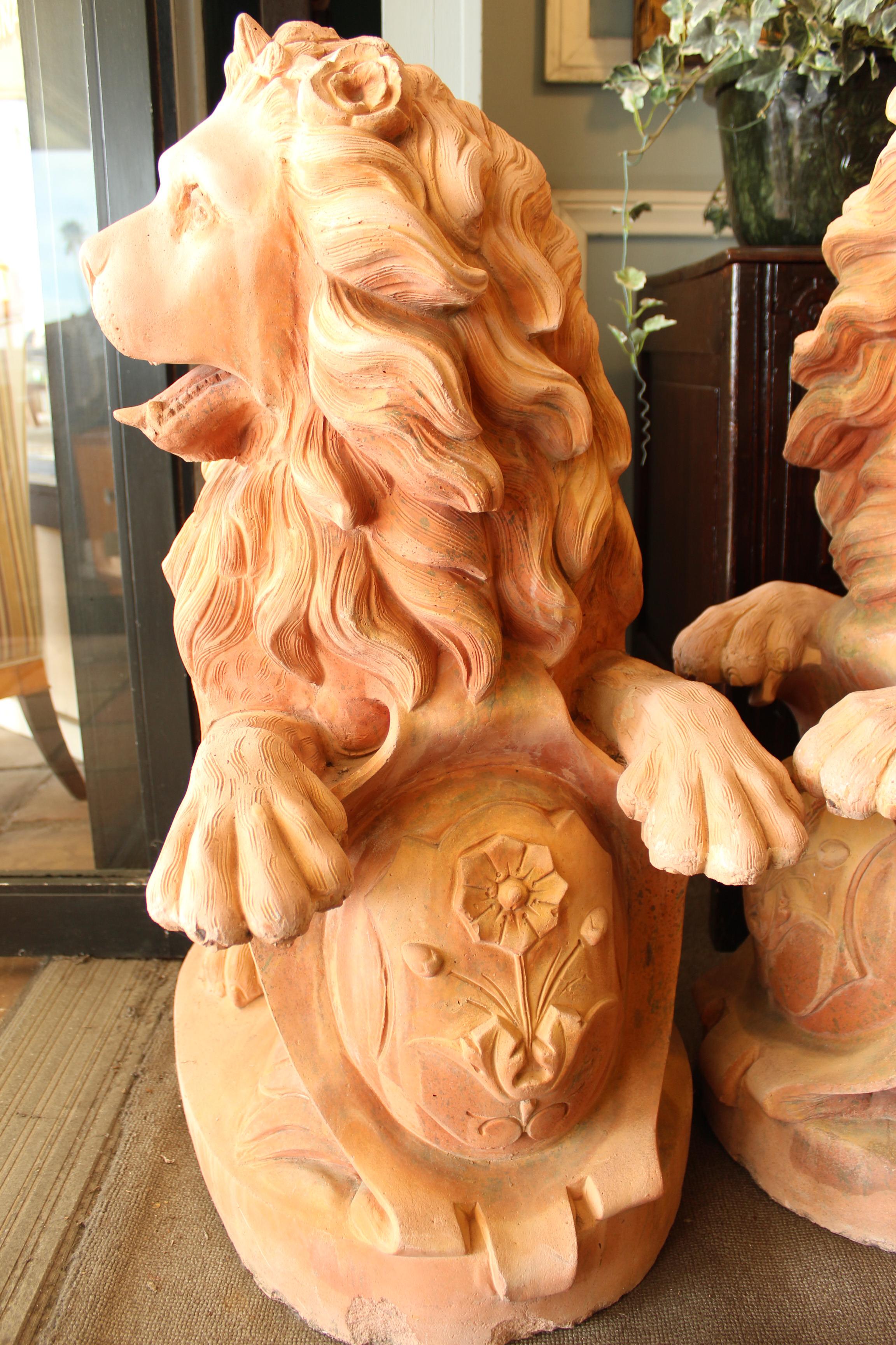 Large Pair of Cast Stone Garden Lions In Good Condition In Laguna Beach, CA