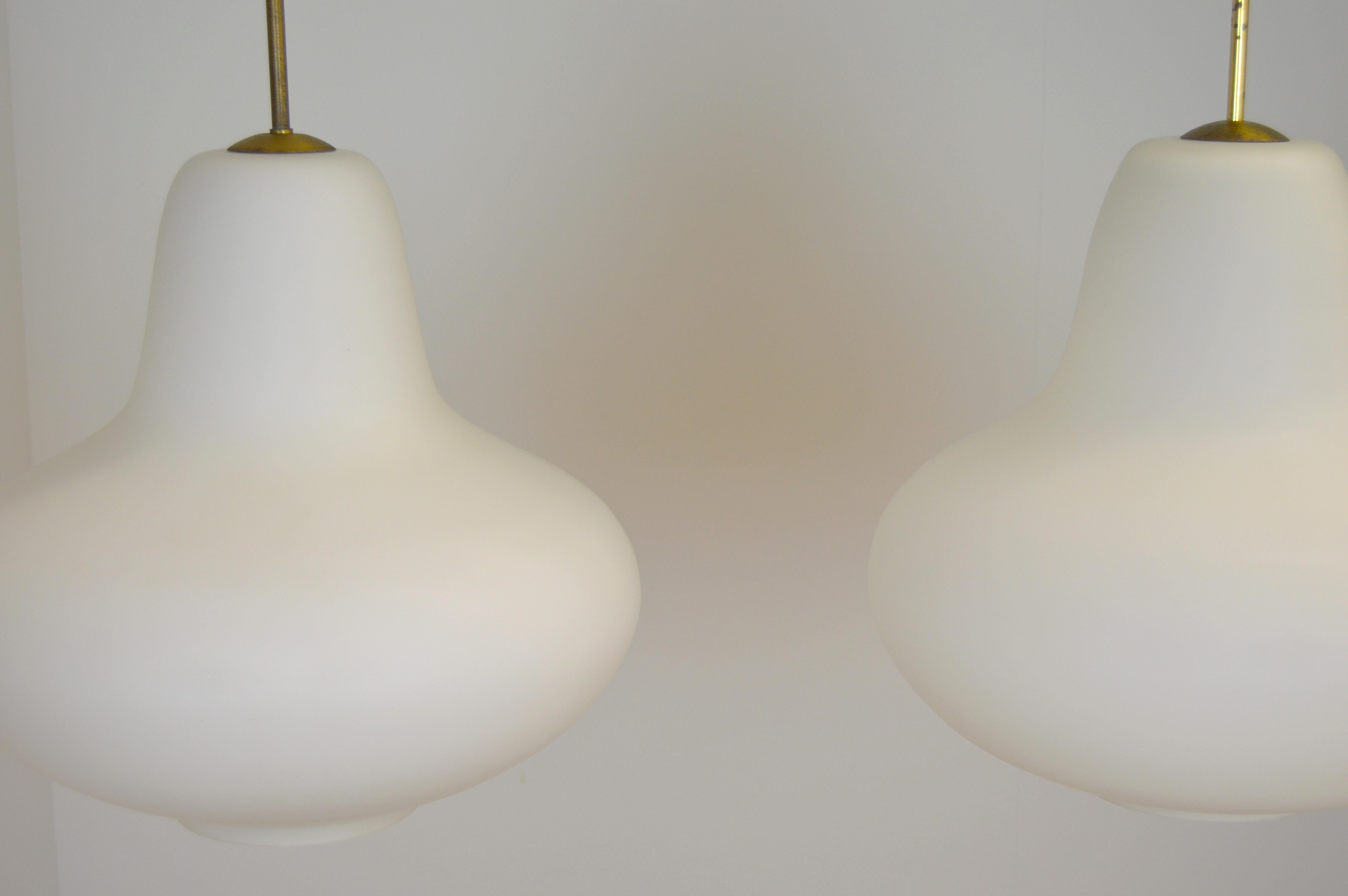 Brass Large Pair of Ceiling Lamps by Carl-Axel Acking with Opal Glass Shades For Sale