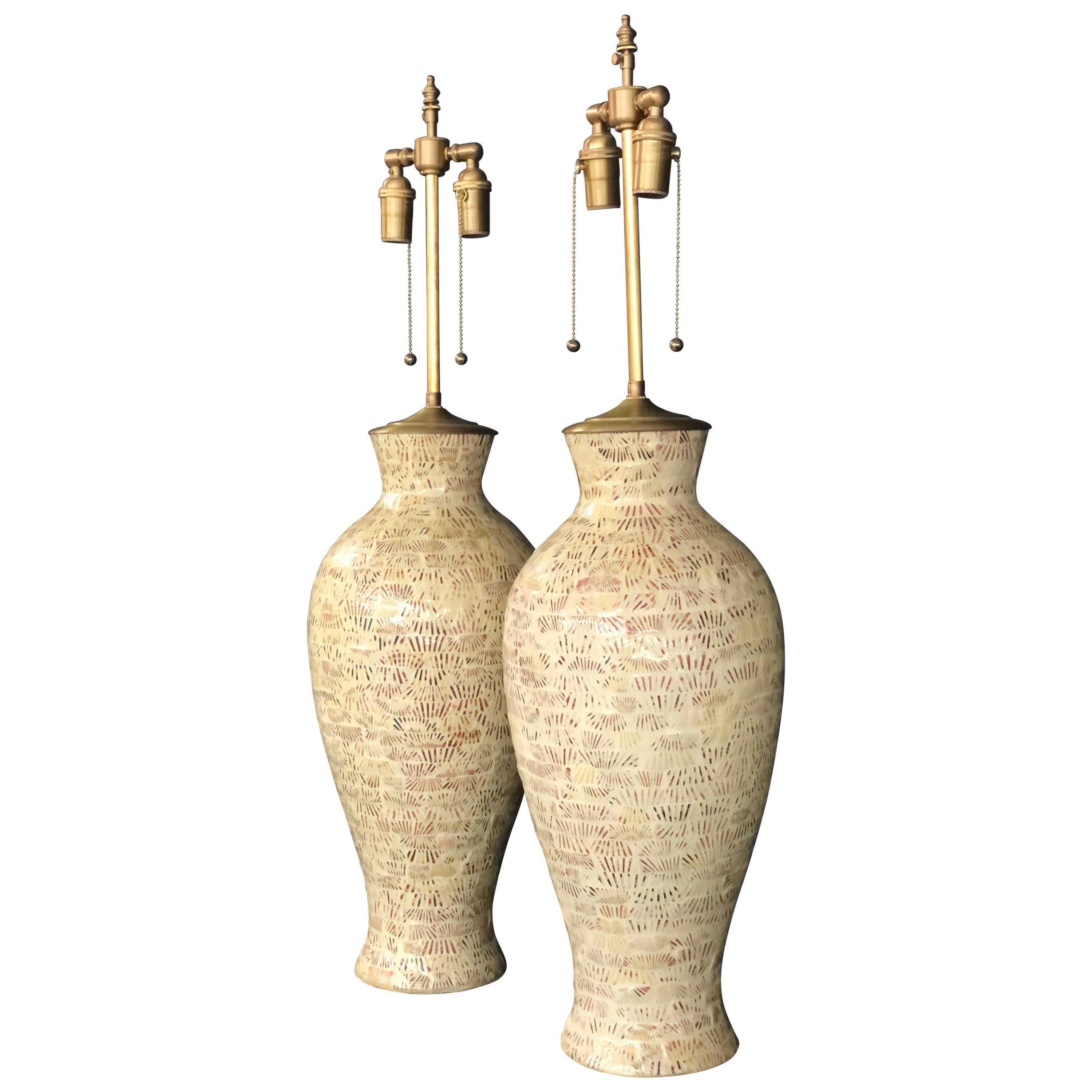 Large Pair of Ceramic Vessels with "Scallop" Inset Pattern and Lamp Application For Sale