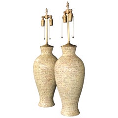 Large Pair of Ceramic Vessels with "Scallop" Inset Pattern and Lamp Application