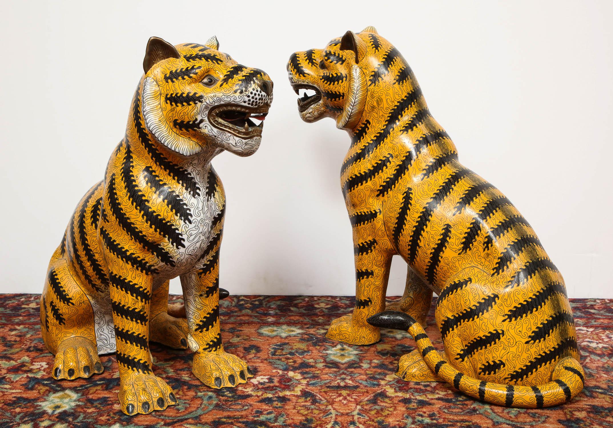 Large Pair of Chinese Asian Cloisonne Enamel Tigers 8