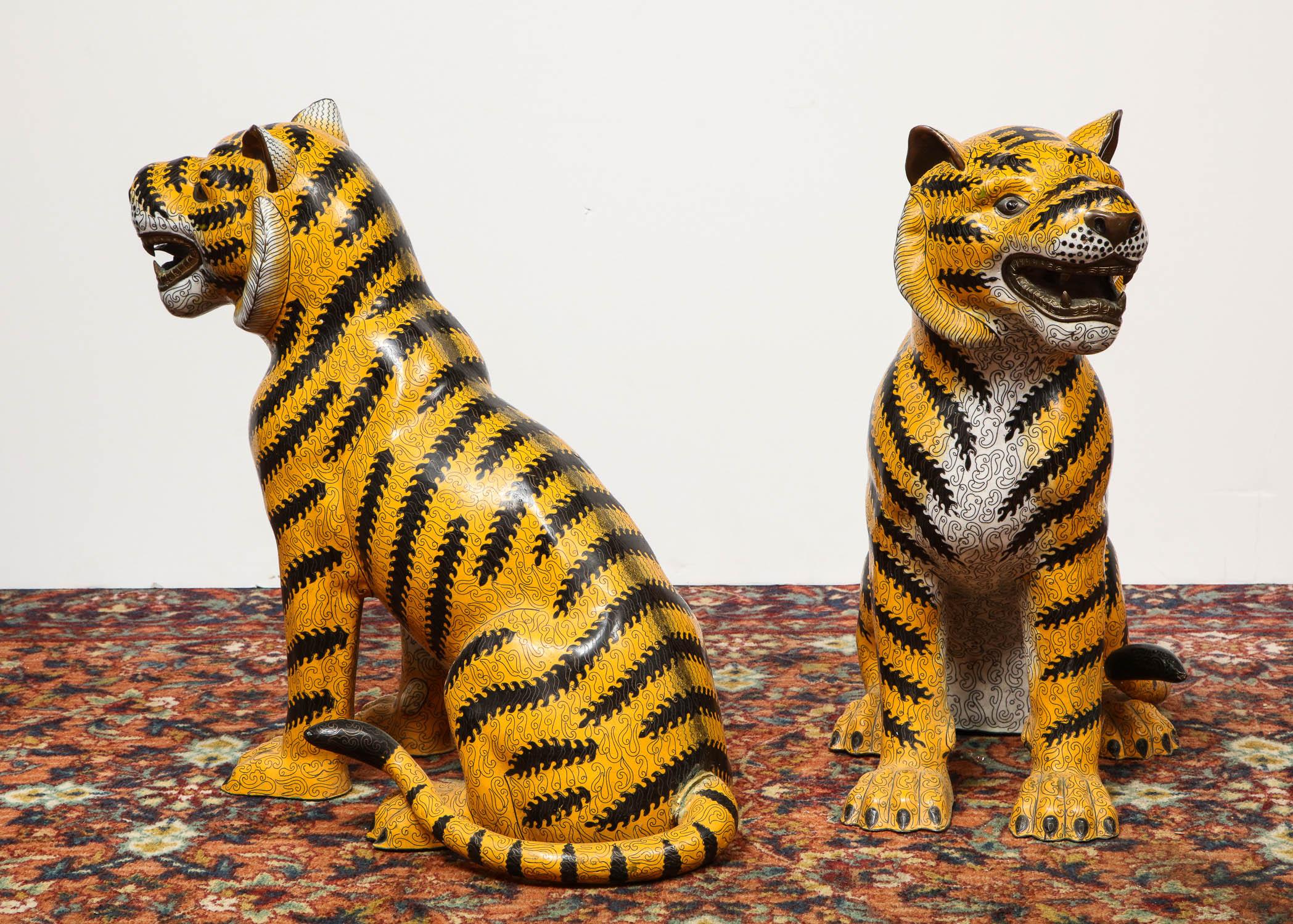 Large Pair of Chinese Asian Cloisonne Enamel Tigers 12