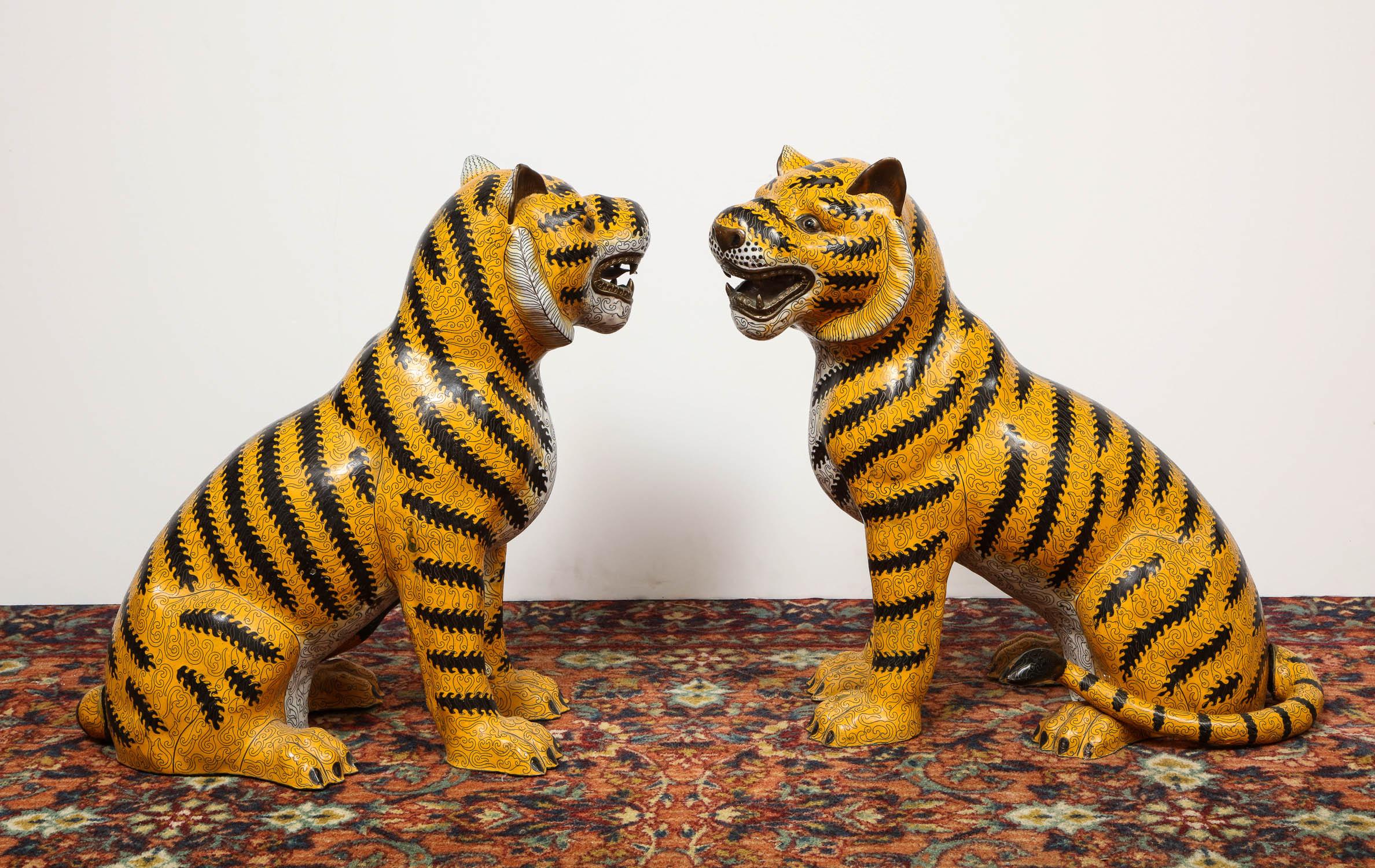 Large Pair of Chinese Asian Cloisonne Enamel Tigers In Good Condition In New York, NY
