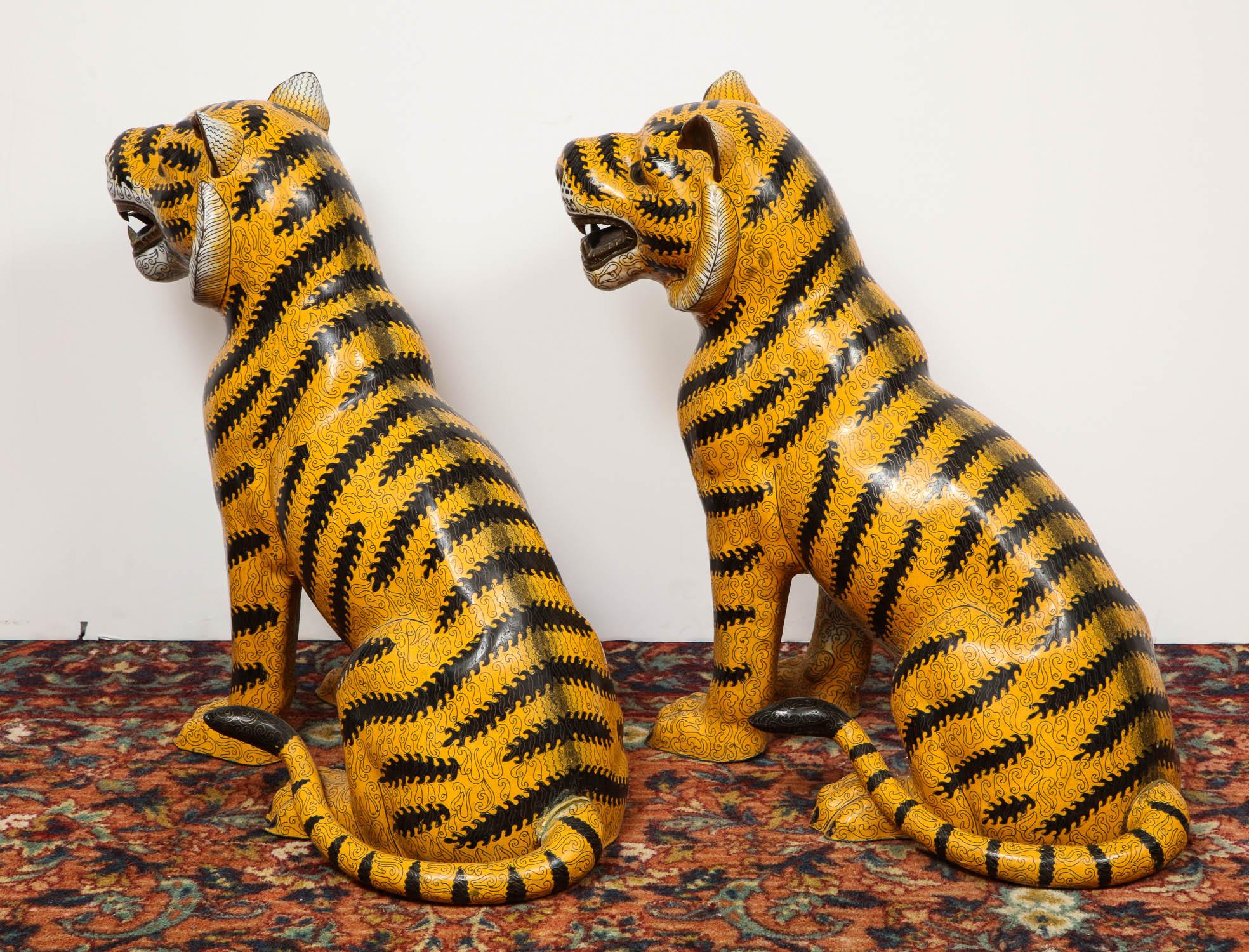 Large Pair of Chinese Asian Cloisonne Enamel Tigers 3