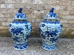 Large Pair of Chinese Blue and White Jars with Lids