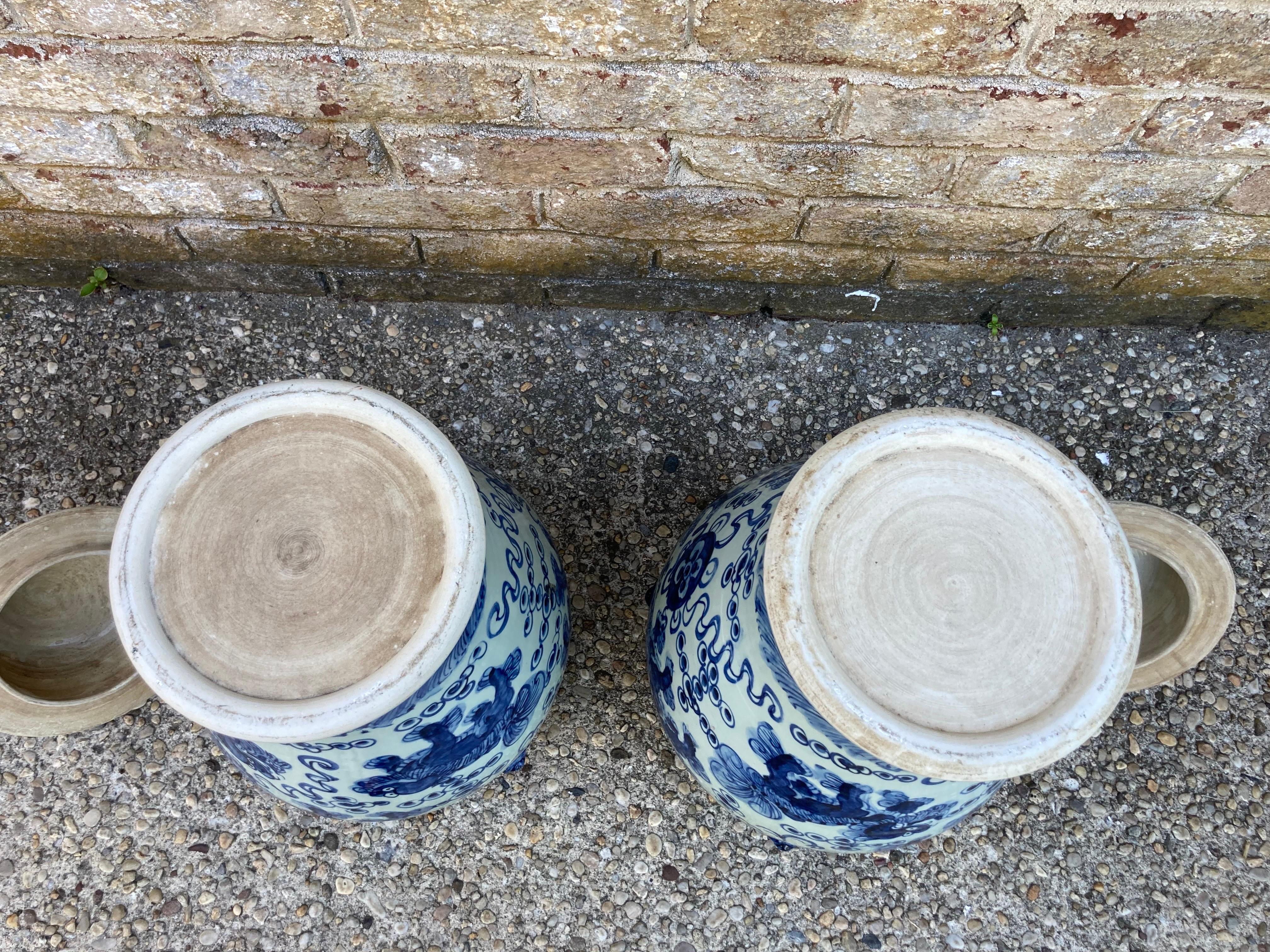 Large Pair of Chinese Blue and White Jars with Lids For Sale 1
