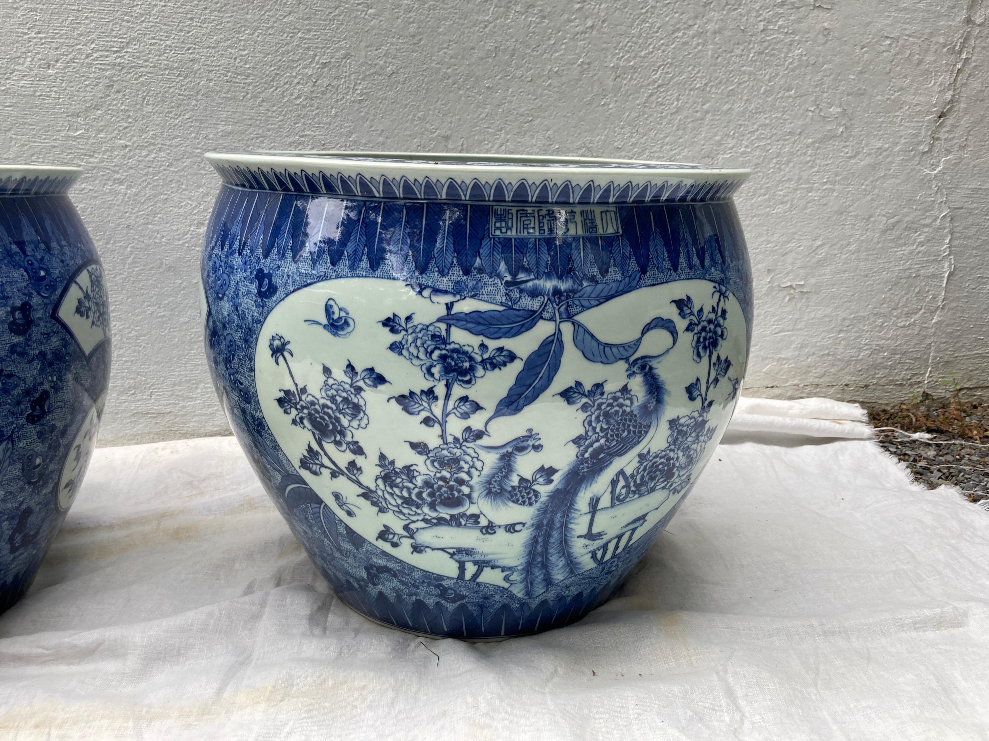 Large Pair of Chinese Blue and White Planters In Good Condition In East Hampton, NY