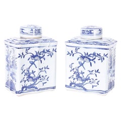 Large Pair of Chinese Blue and White Porcelain Floral Tea Caddies