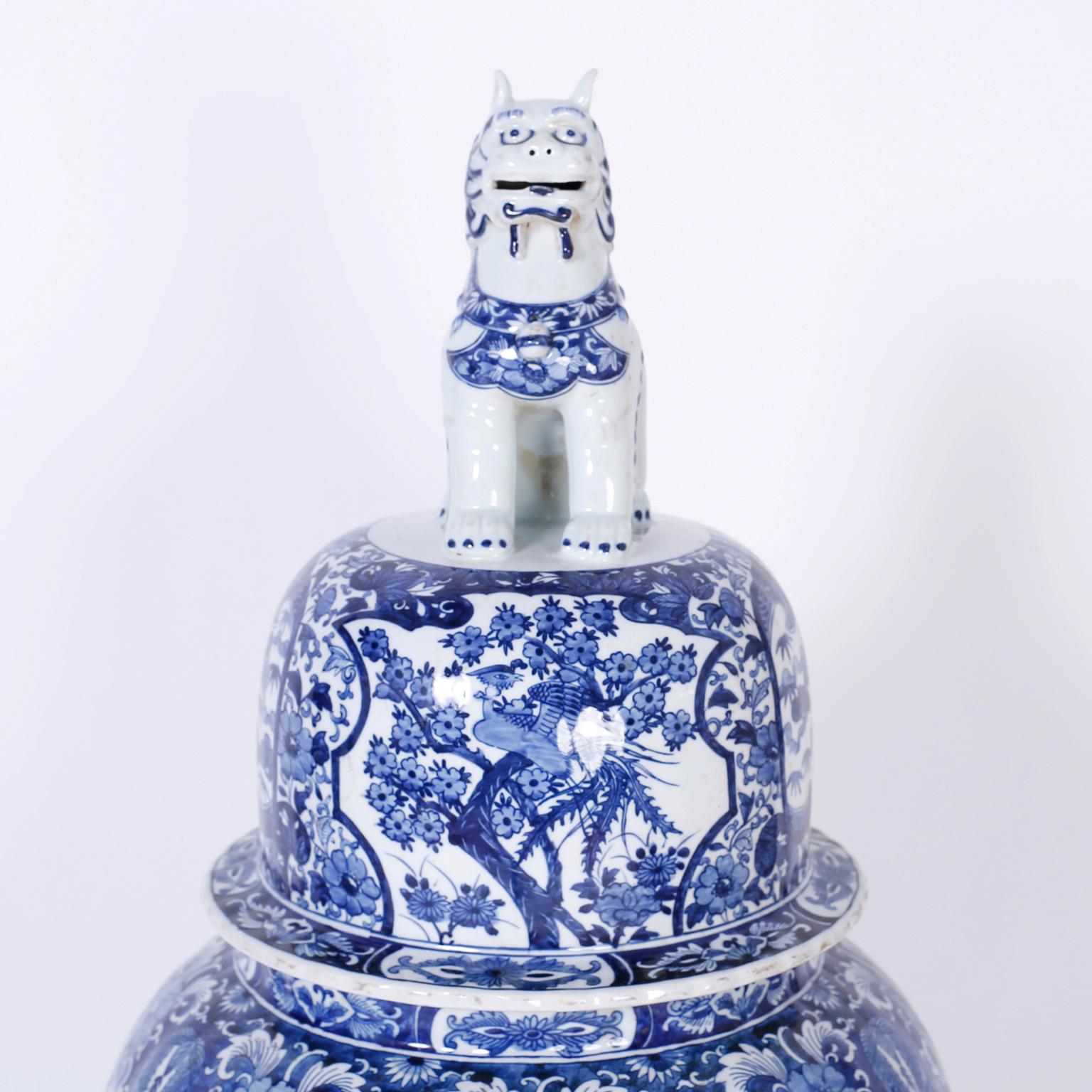 Chinese Export Large Pair of Chinese Blue and White Porcelain Jars or Palace Urns