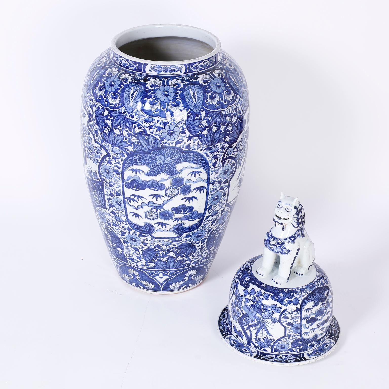Contemporary Large Pair of Chinese Blue and White Porcelain Jars or Palace Urns