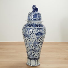 Large Pair of Chinese Blue and White Porcelain Lidded Urns