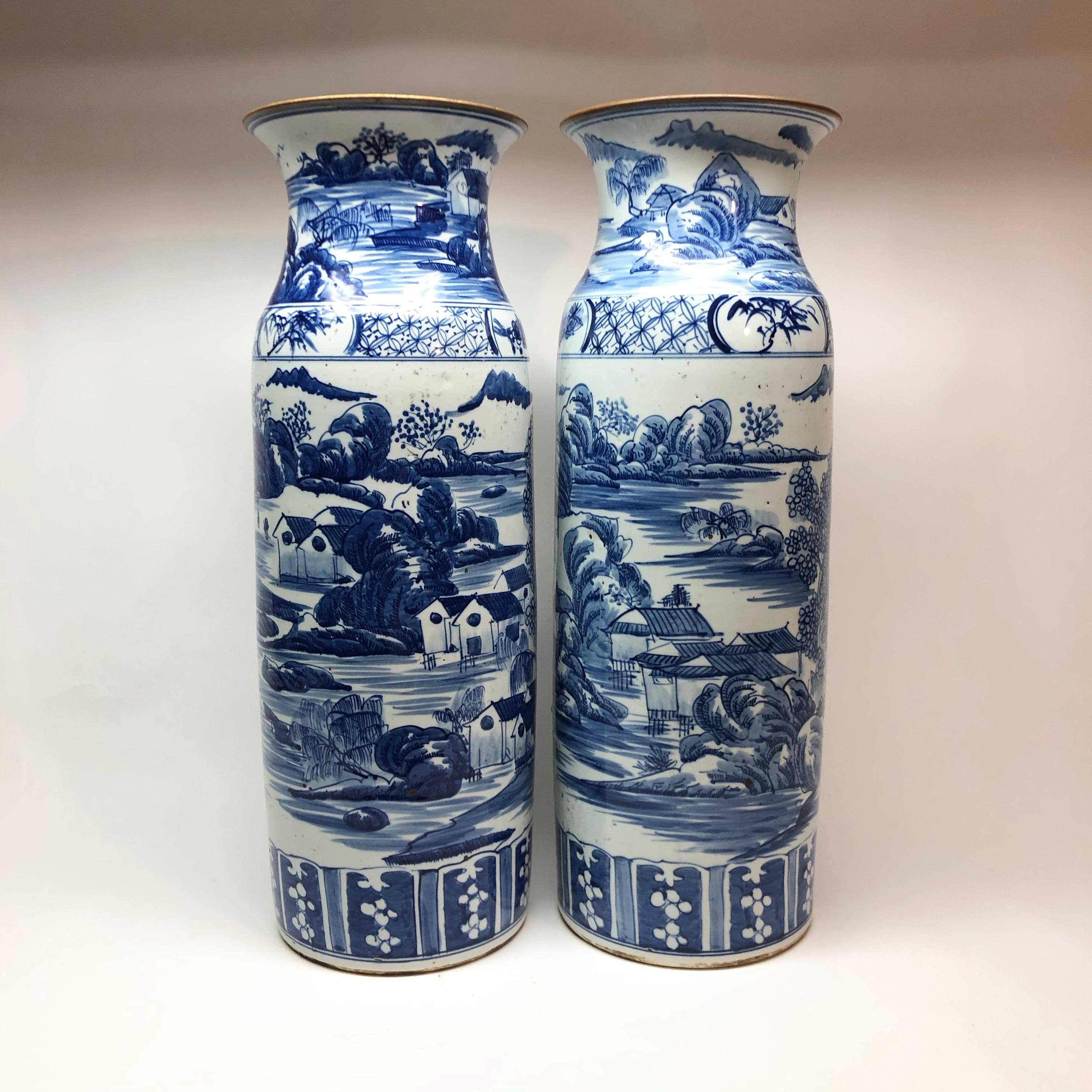 Large Pair of Chinese Blue and White Vases 1