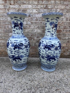 Large Pair of Chinese Blue and White Vases with Dragons