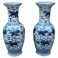 Large Pair of Chinese Blue and White Vases with Dragons