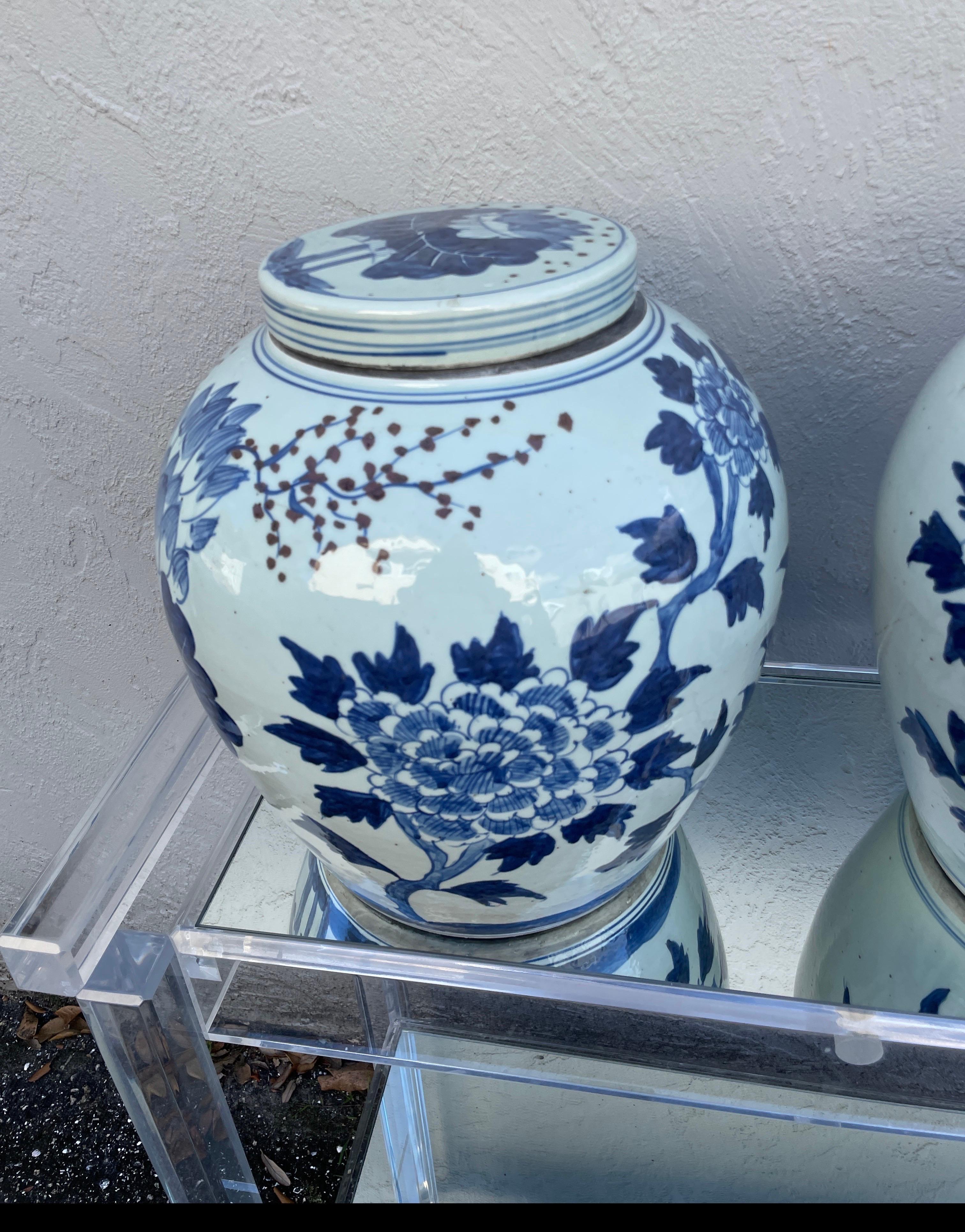 Porcelain Large Pair of Chinese Blue & White Ginger Jars For Sale