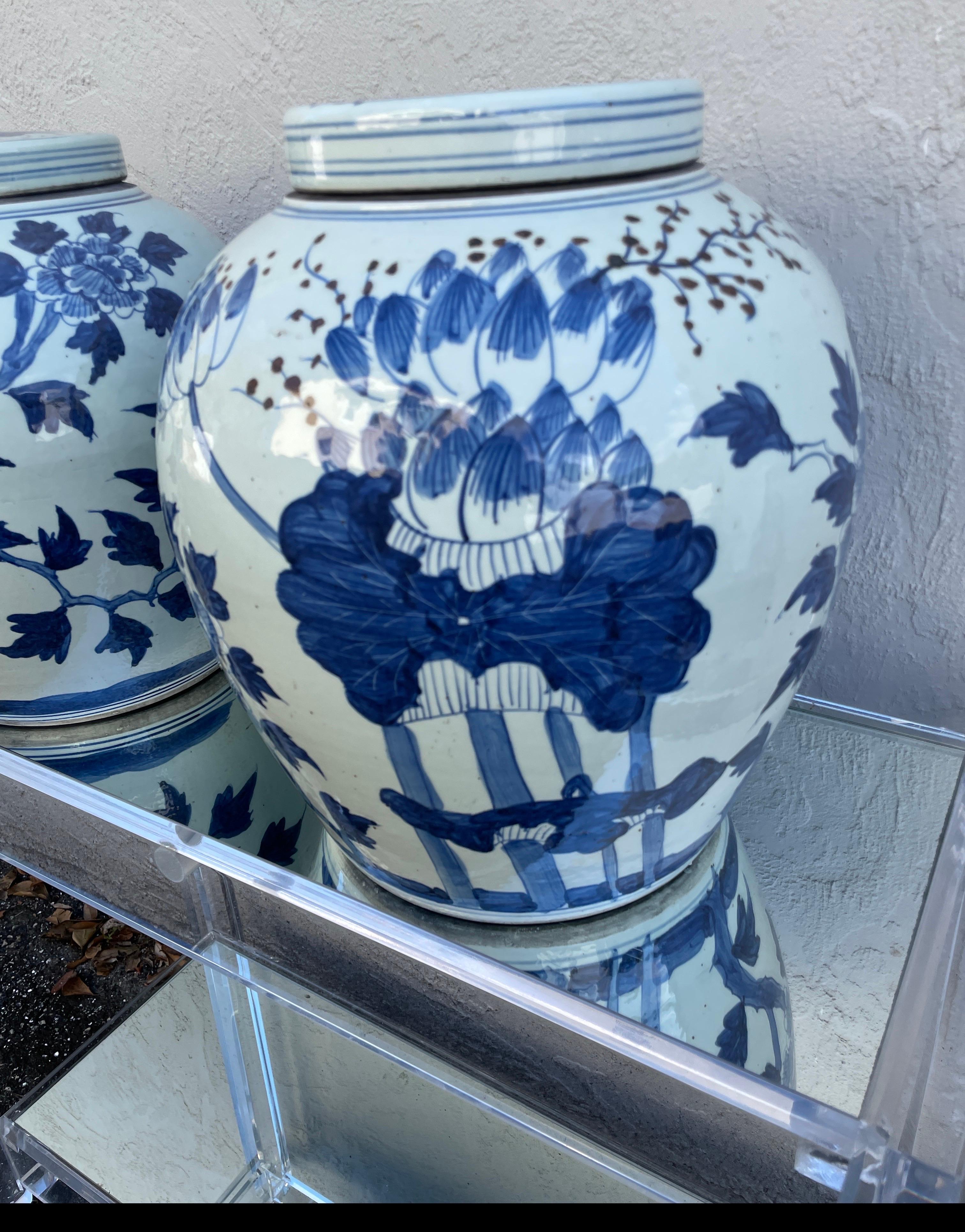 Large Pair of Chinese Blue & White Ginger Jars For Sale 3