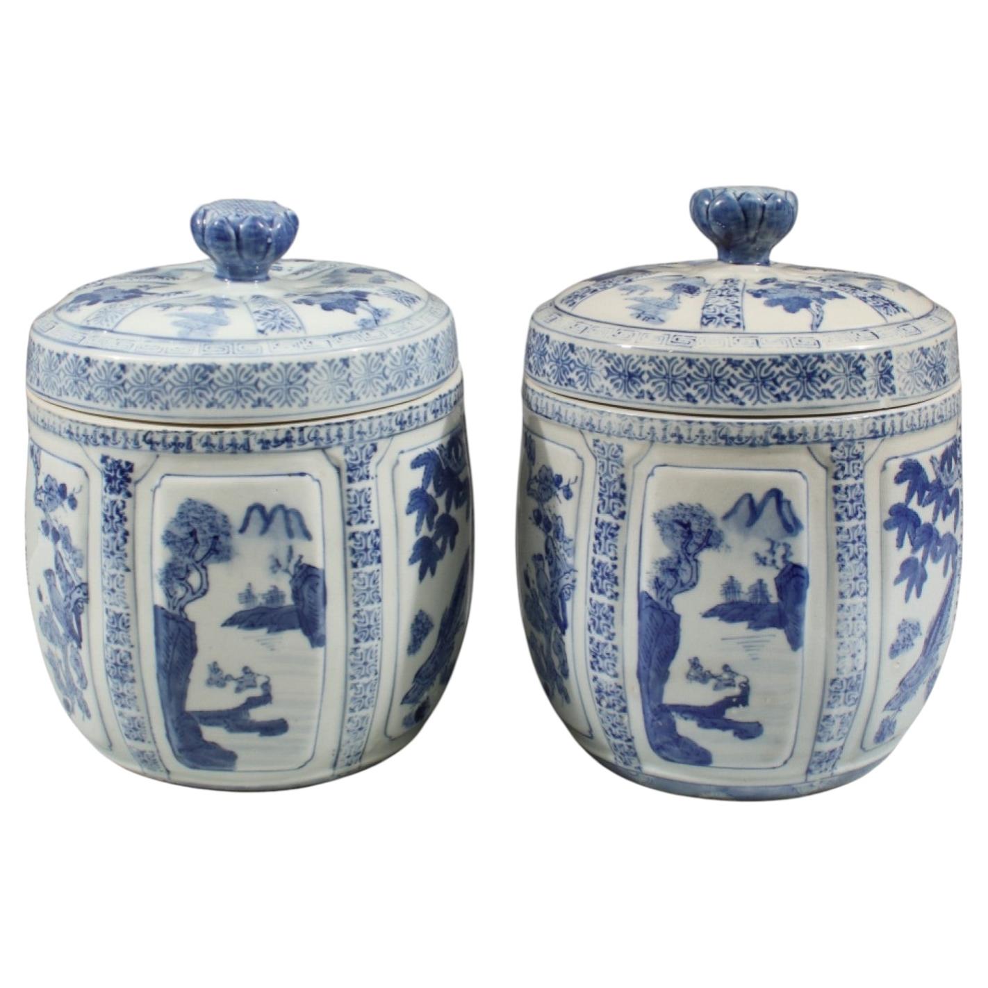 Large Pair of Chinese Blue‑and‑White Lidded Jars, Late 20th Century