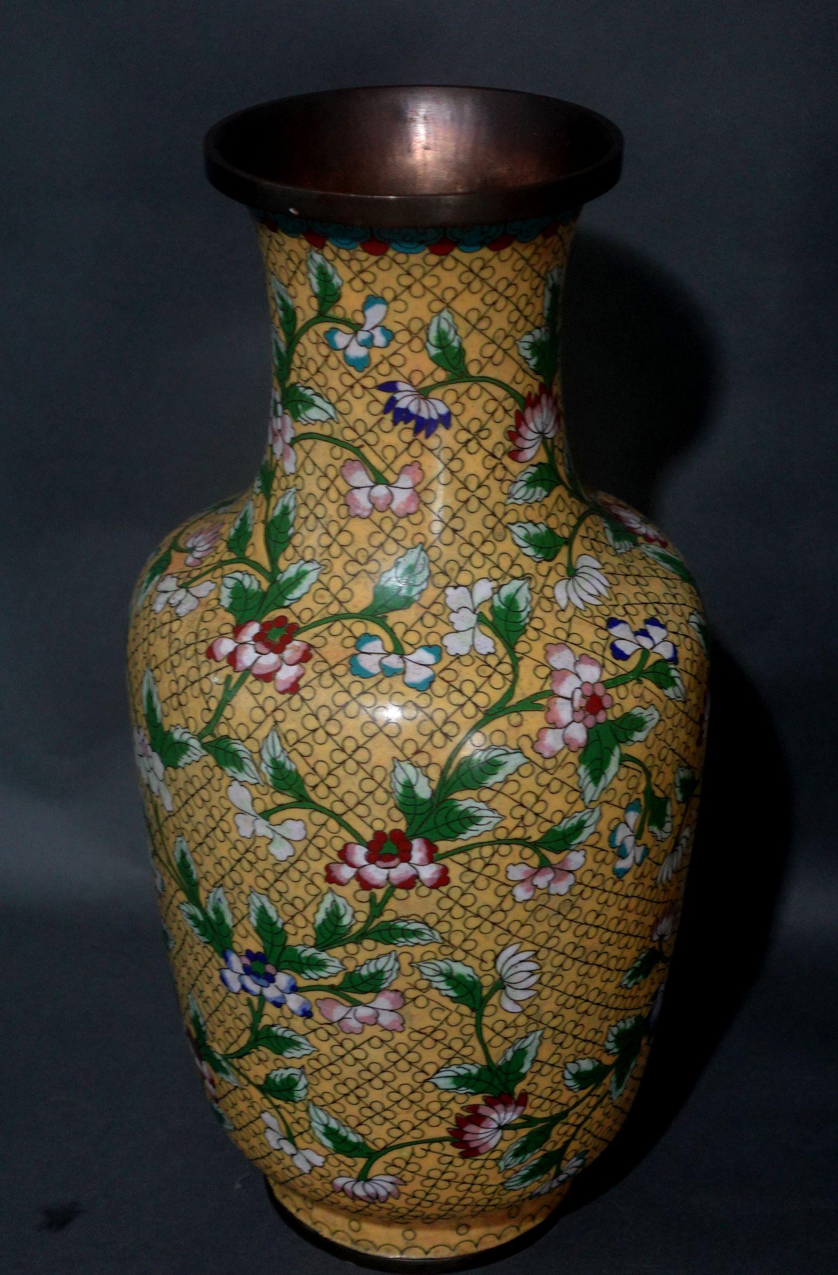Large Pair of Chinese Bronze Cloisonné Enameled Vases In Good Condition For Sale In Norton, MA