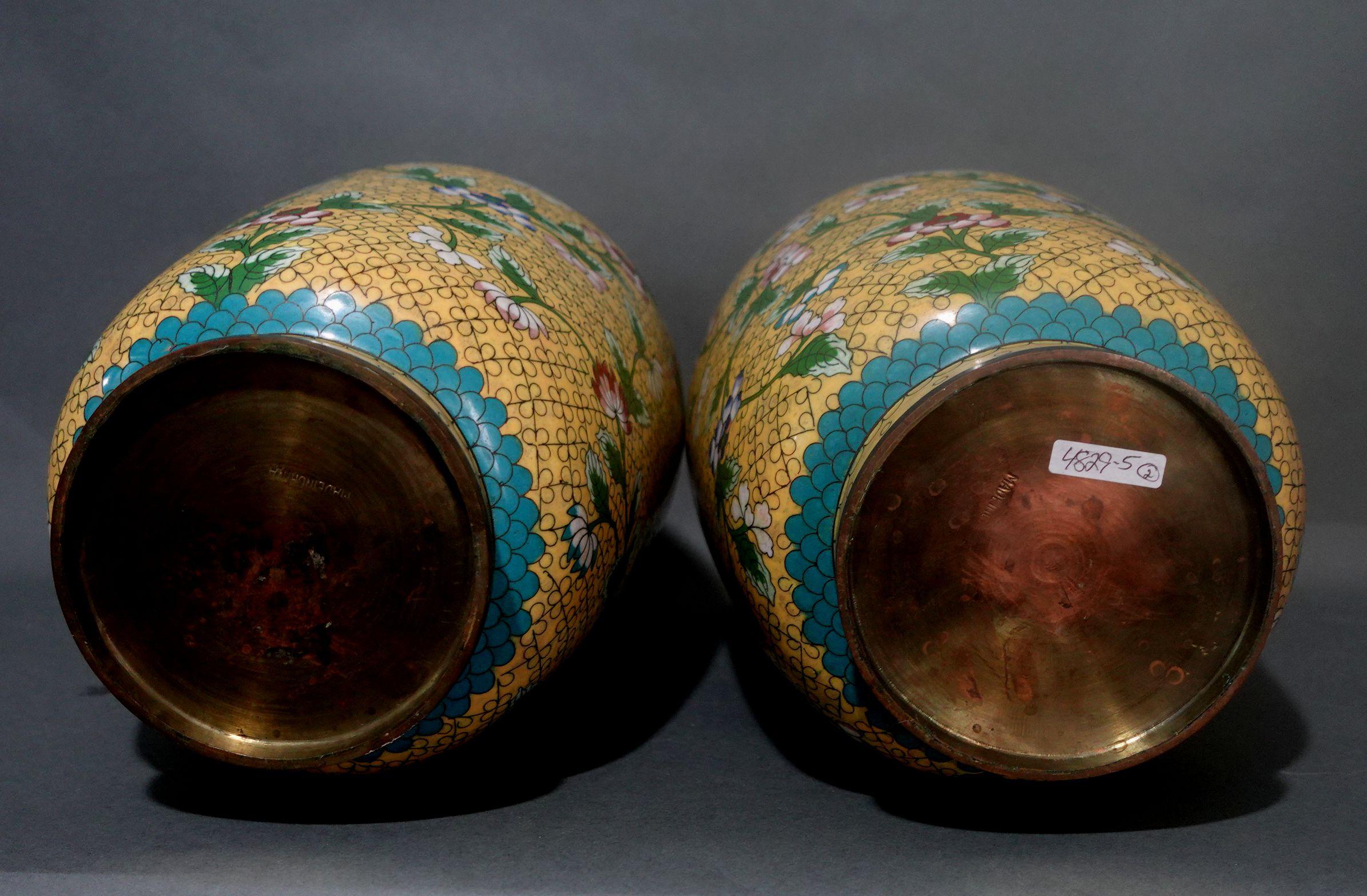Large Pair of Chinese Bronze Cloisonné Enameled Vases For Sale 2
