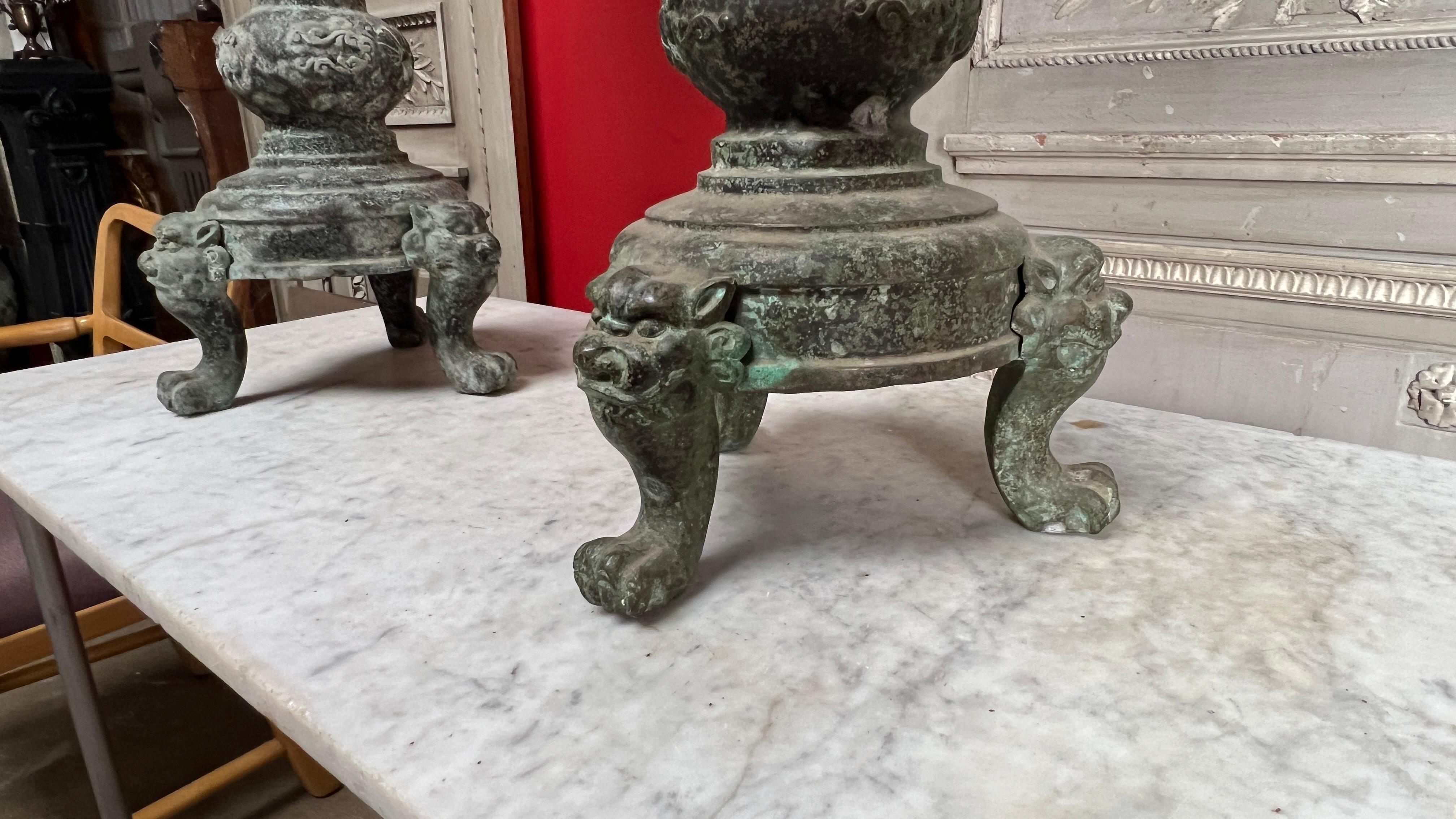 Large Pair of Chinese Candle Holders in a Patinated Verdagris Finish For Sale 6