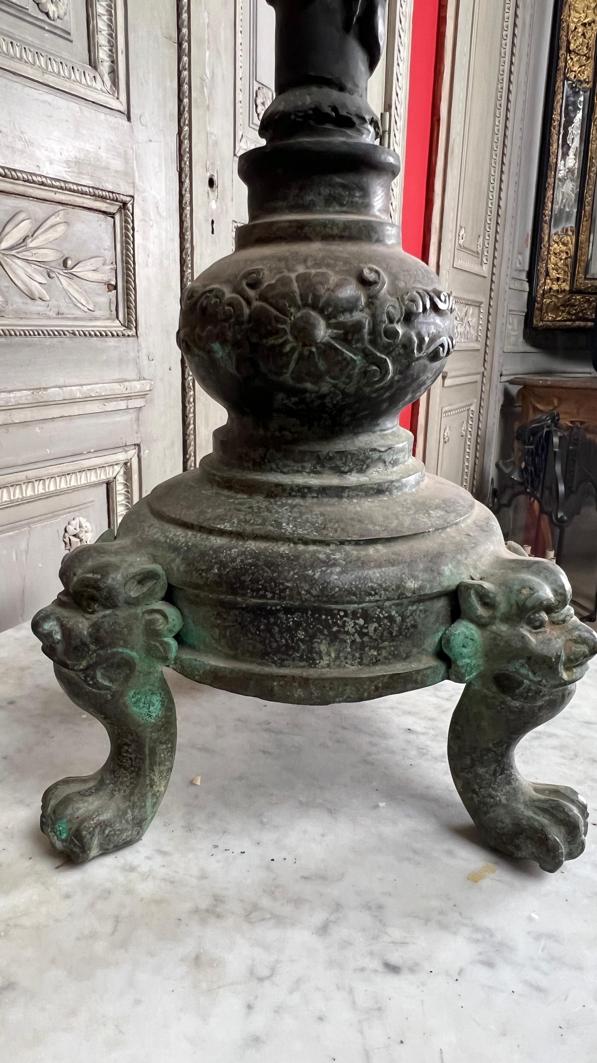 Large Pair of Chinese Candle Holders in a Patinated Verdagris Finish For Sale 7