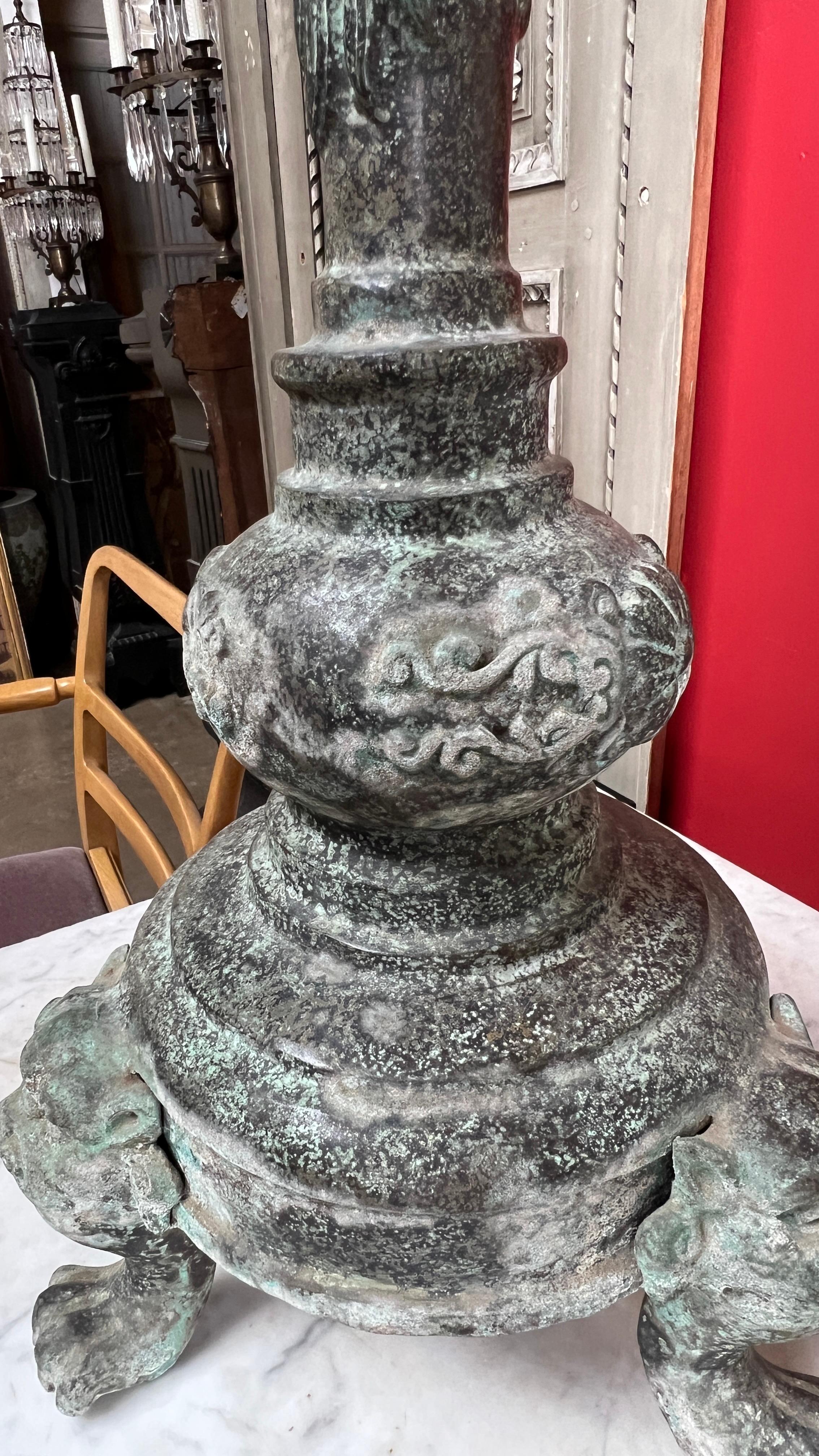 Large Pair of Chinese Candle Holders in a Patinated Verdagris Finish For Sale 8