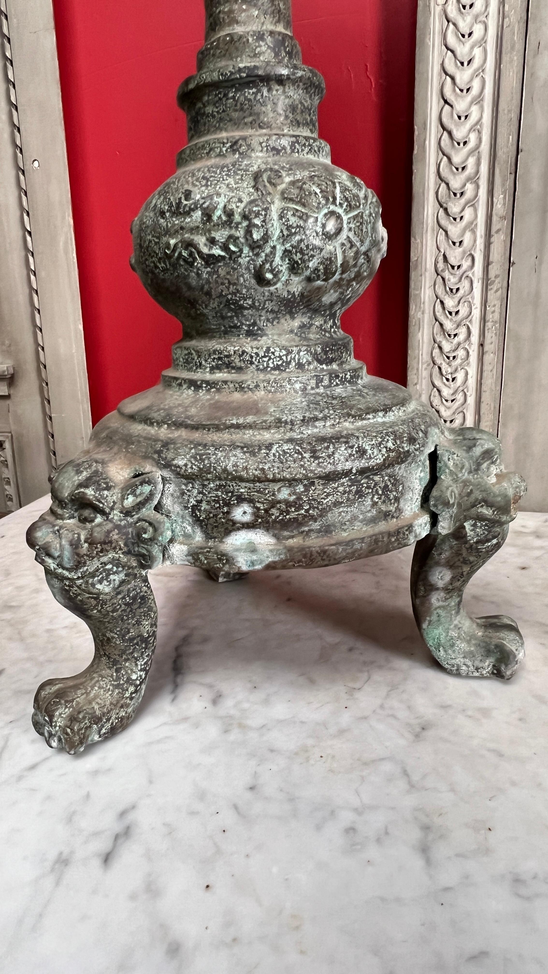 Large Pair of Chinese Candle Holders in a Patinated Verdagris Finish For Sale 9