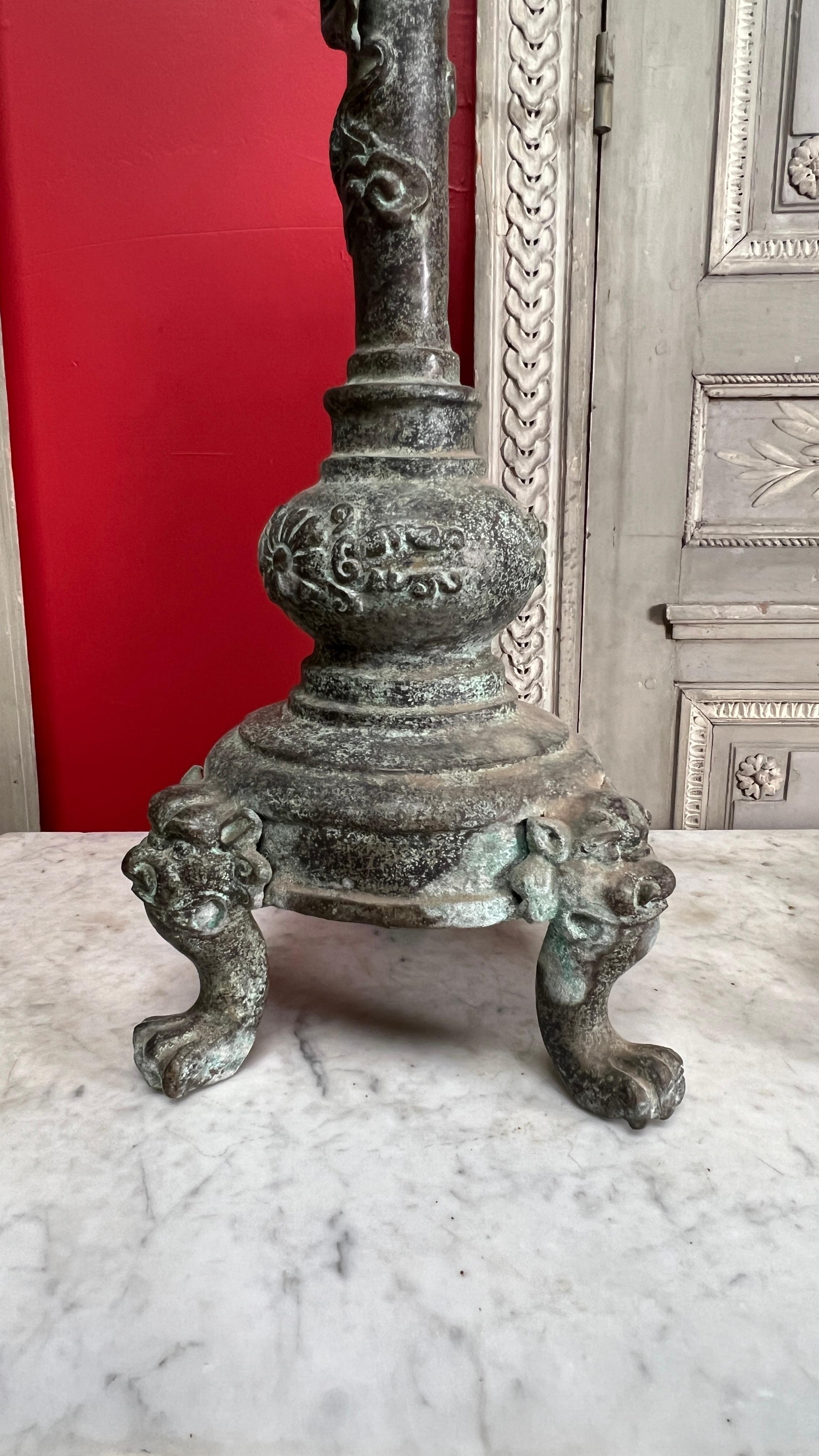 Large Pair of Chinese Candle Holders in a Patinated Verdagris Finish For Sale 10