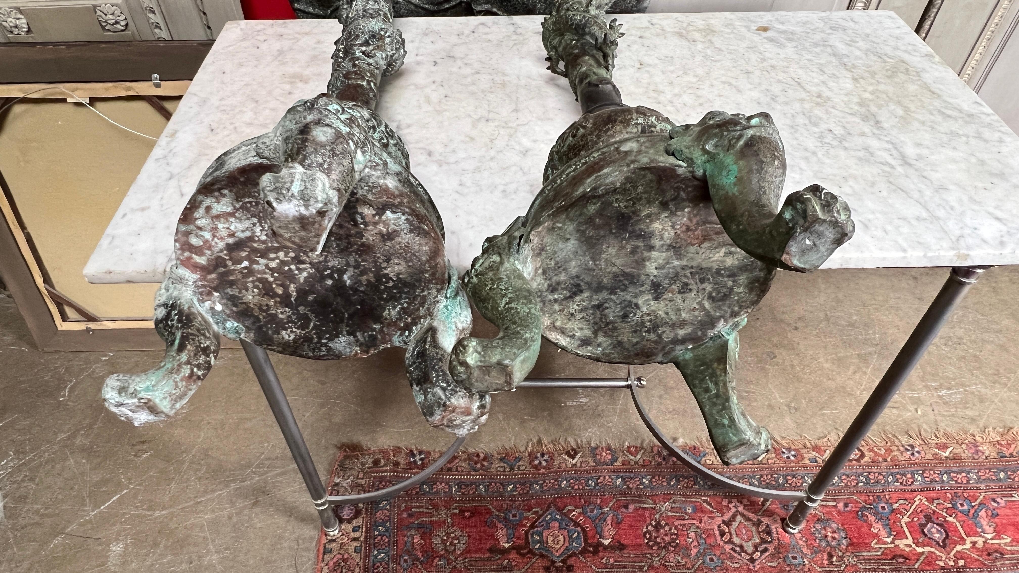 Large Pair of Chinese Candle Holders in a Patinated Verdagris Finish For Sale 11