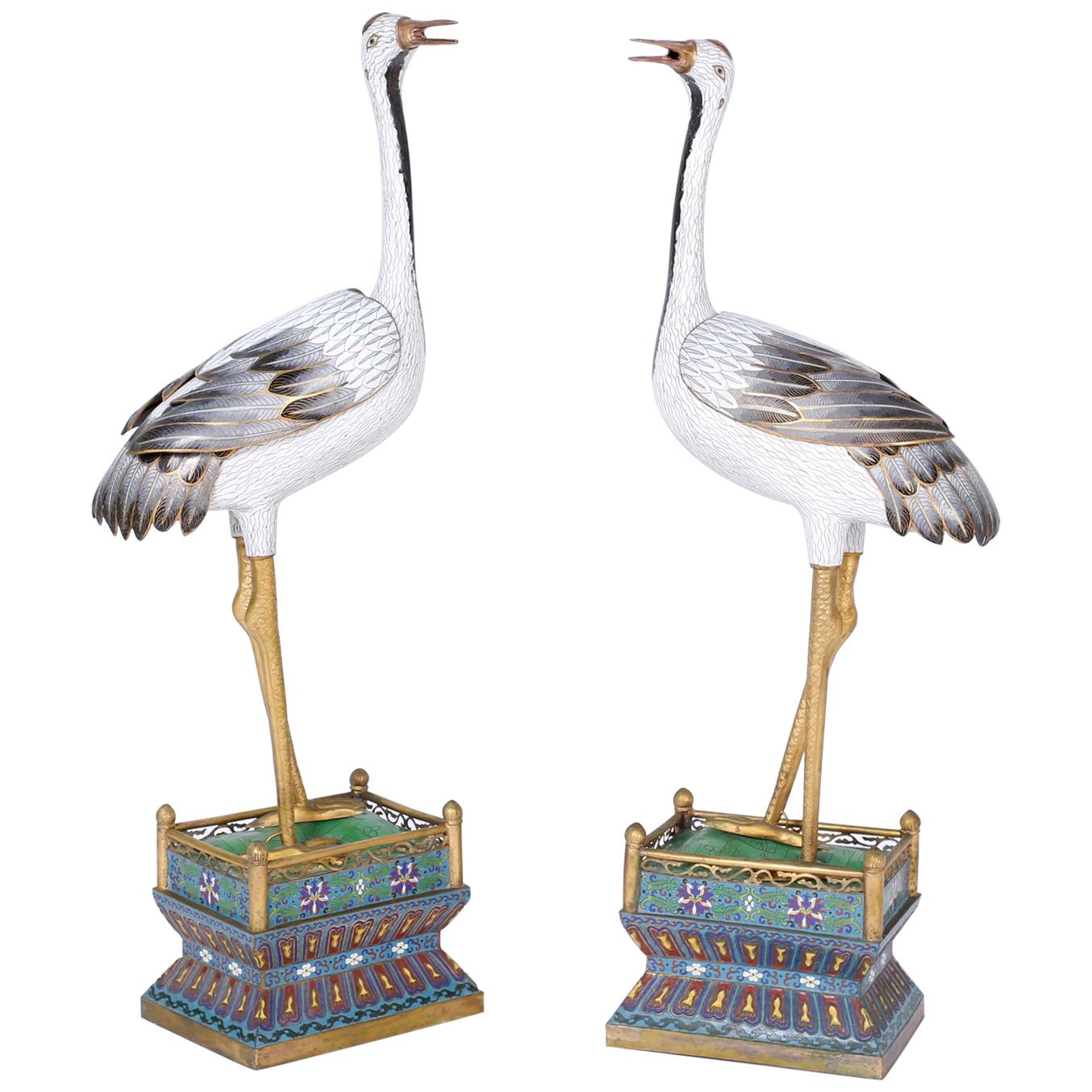 Large Pair of Chinese Cloisonne Cranes or Birds