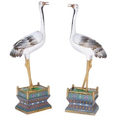 Grande paire de grues ou d'oiseaux en cloisonné de Chine