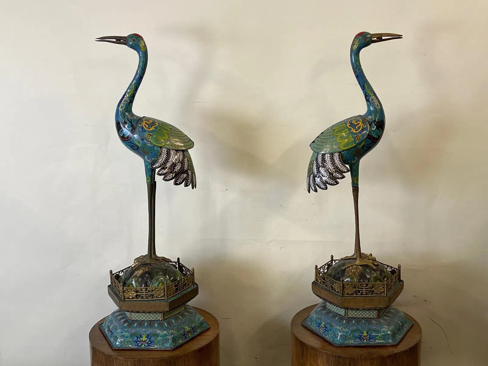 20th Century Large Pair of Chinese Cloisonne Enamel Cranes For Sale