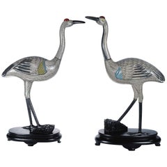 Large Pair of Chinese Cloisonné Enamel Cranes on Wood Stands