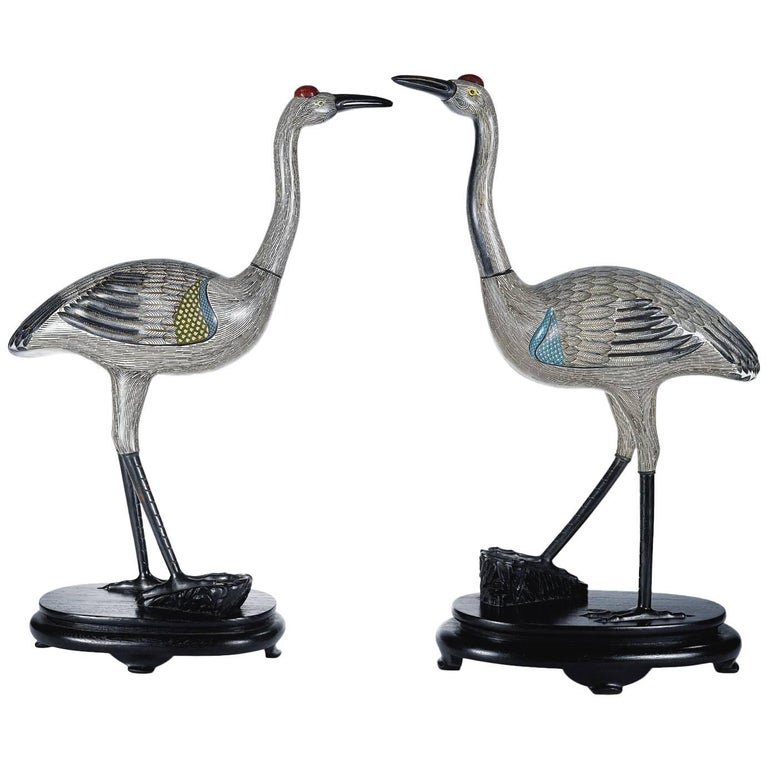Large Pair of Chinese Cloisonné Enamel Cranes on Wood Stands at 1stDibs