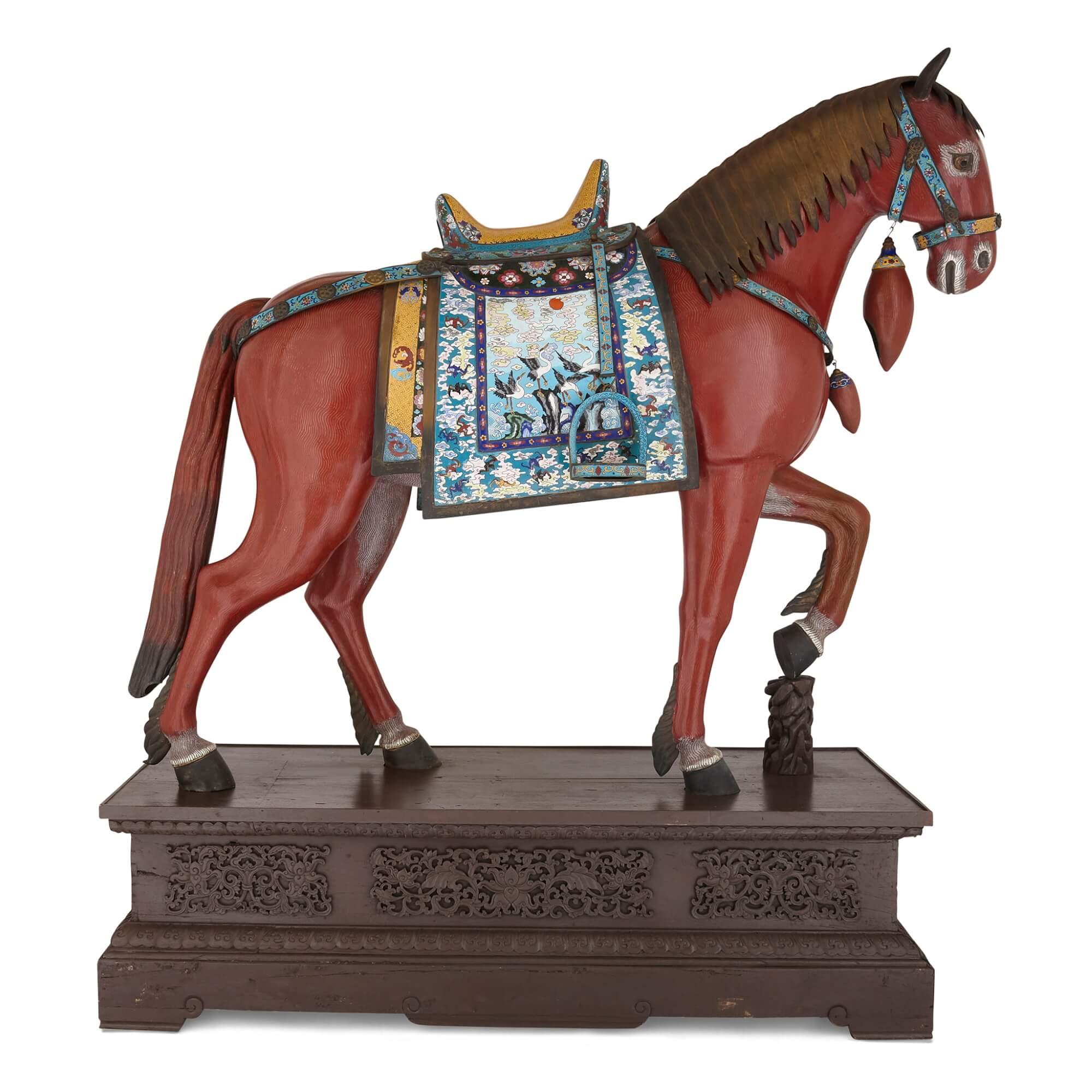 Carved Large Pair of Chinese Cloisonné Enamel Horse Sculptures For Sale