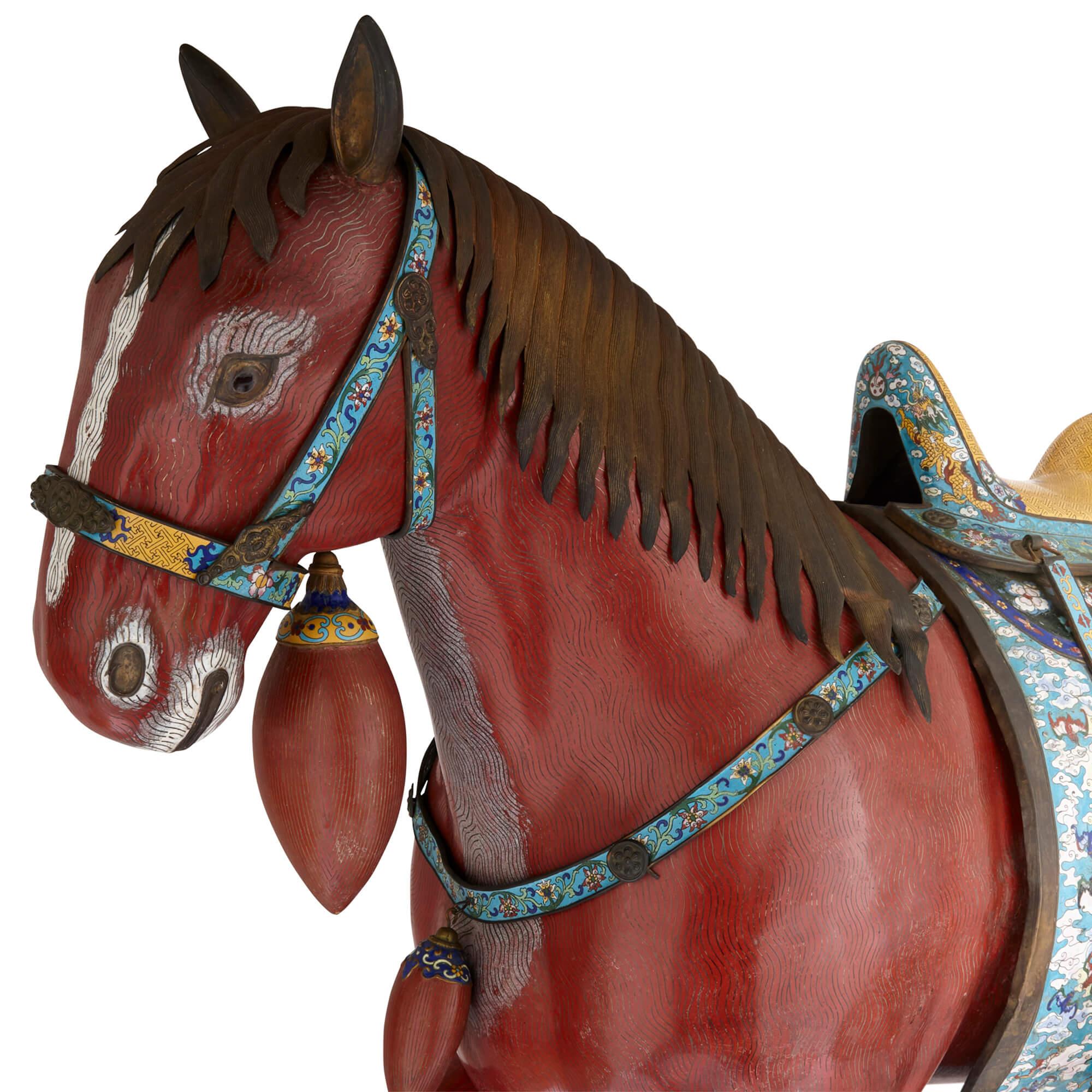 20th Century Large Pair of Chinese Cloisonné Enamel Horse Sculptures For Sale