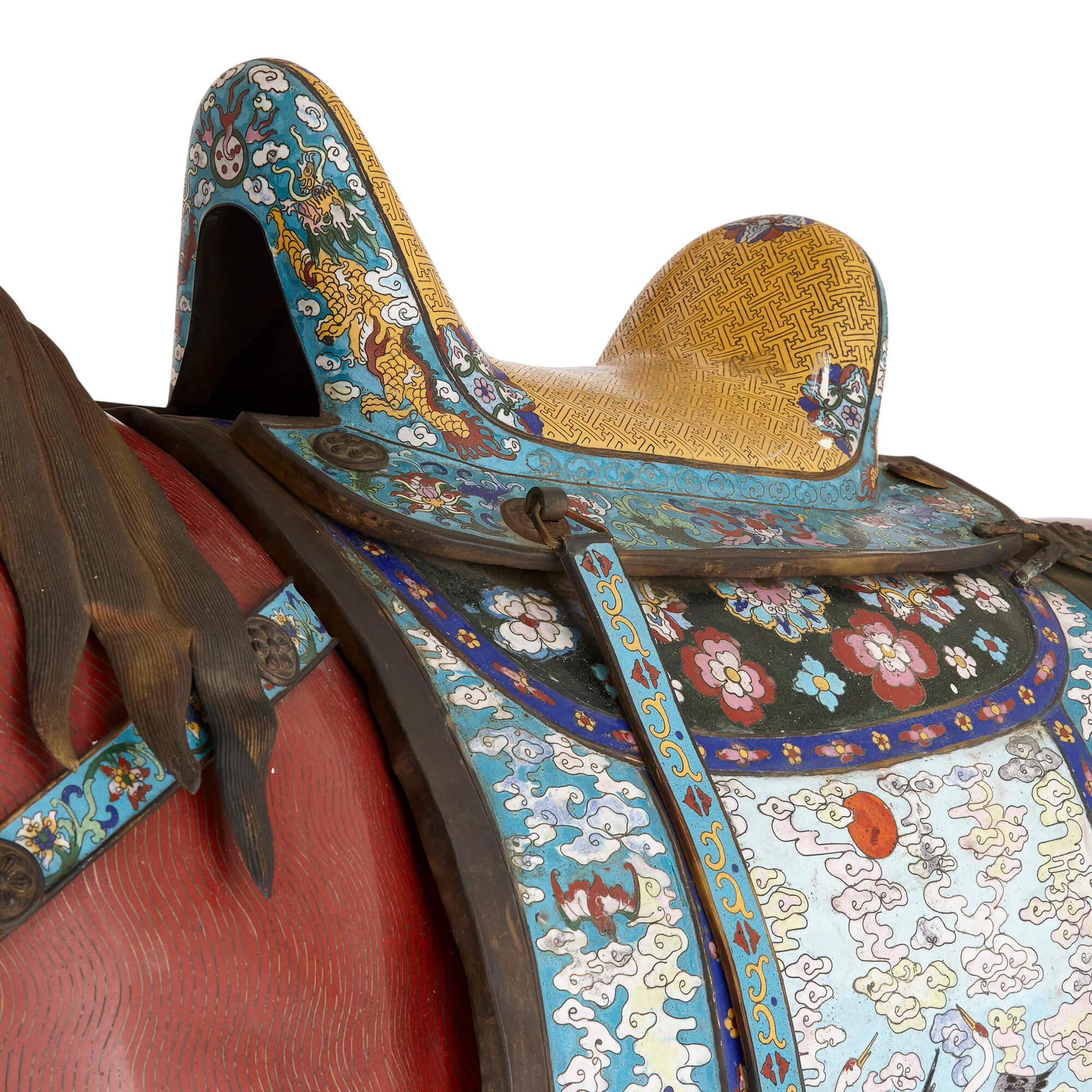 Large Pair of Chinese Cloisonné Enamel Horse Sculptures For Sale 1