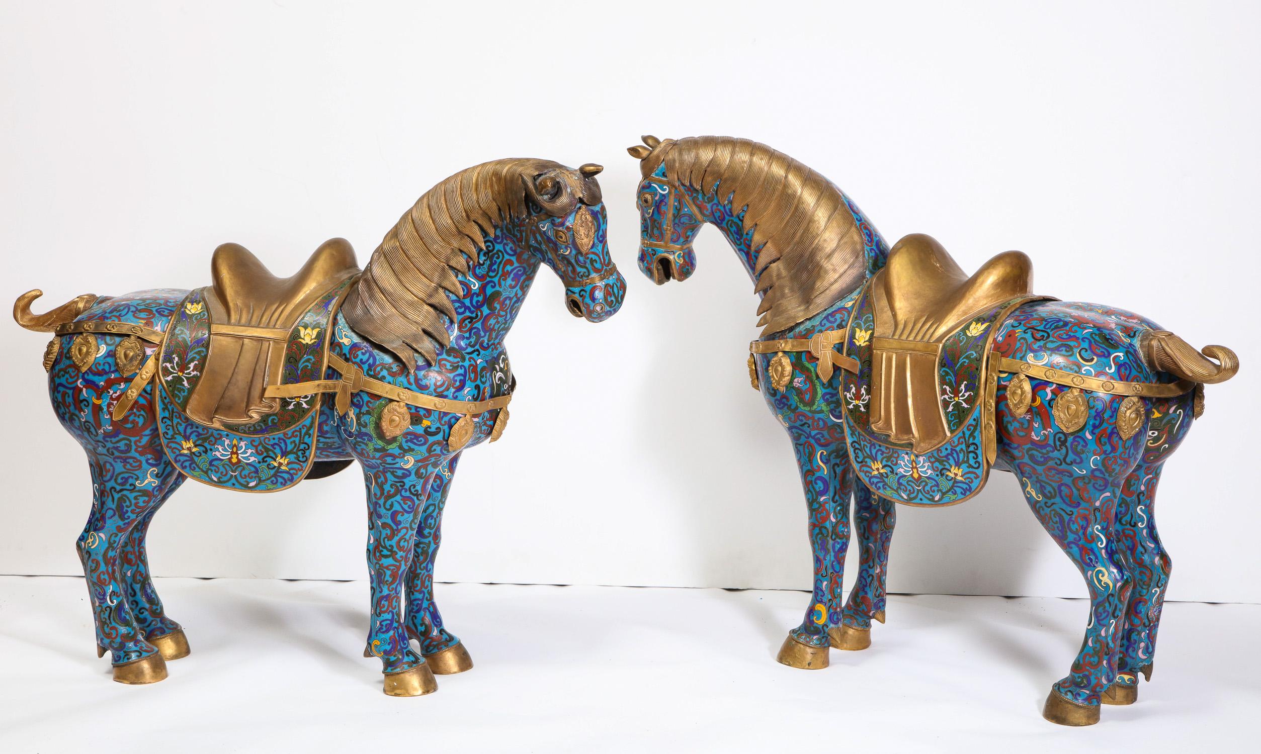 20th Century Large Pair of Chinese Cloisonné Enamel Horses