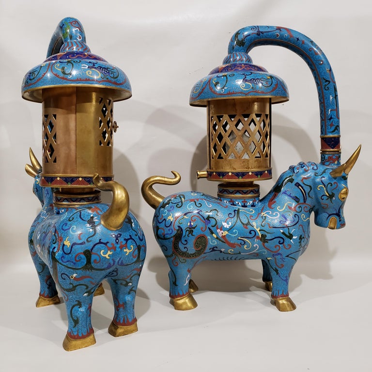 Large Pair of Chinese Cloisonné Enamel Lanterns For Sale at 1stDibs