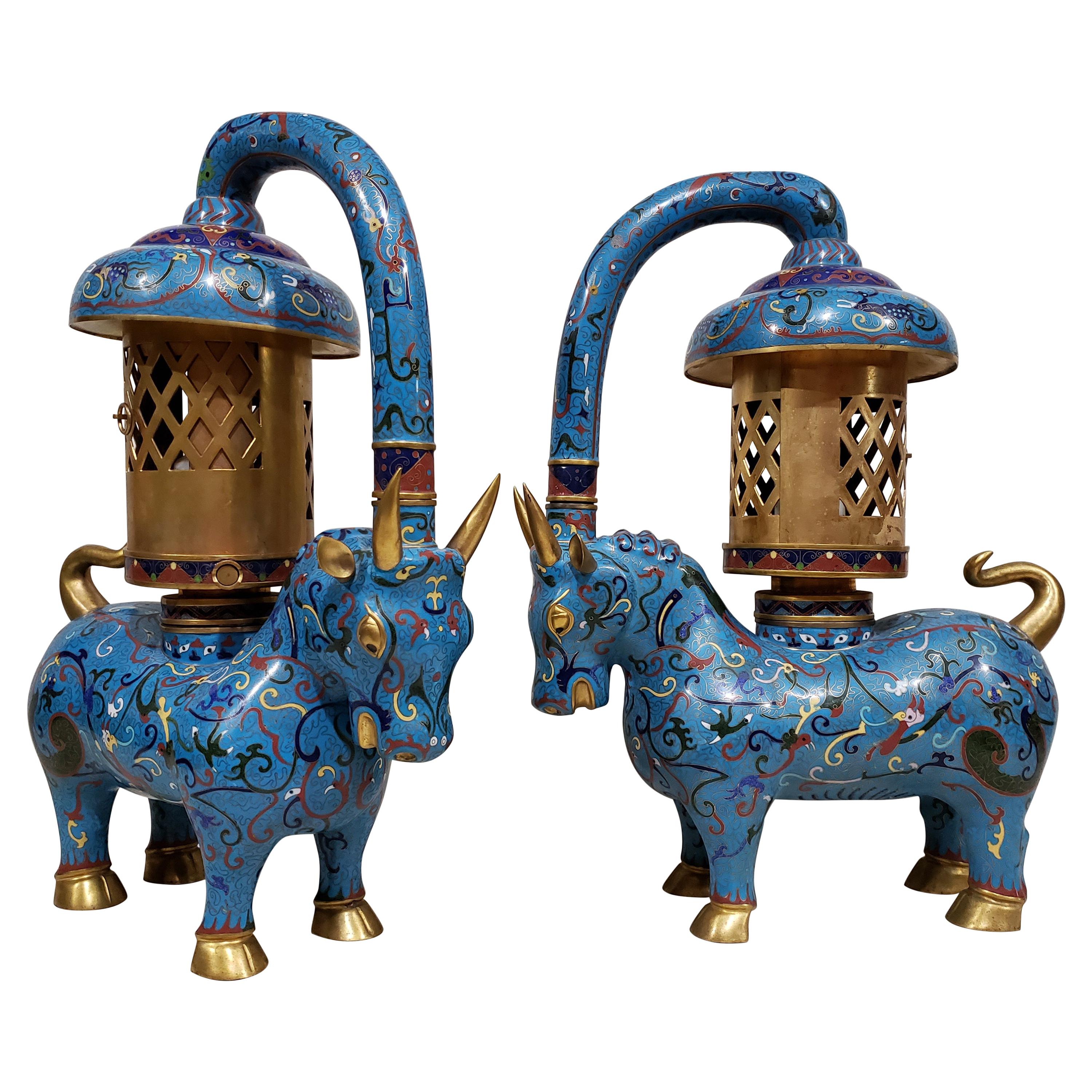 Large Pair of Chinese Cloisonné Enamel Lanterns For Sale