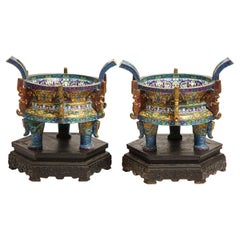 Large Pair of Chinese Cloisonne Enamel Planters on Wood Stands