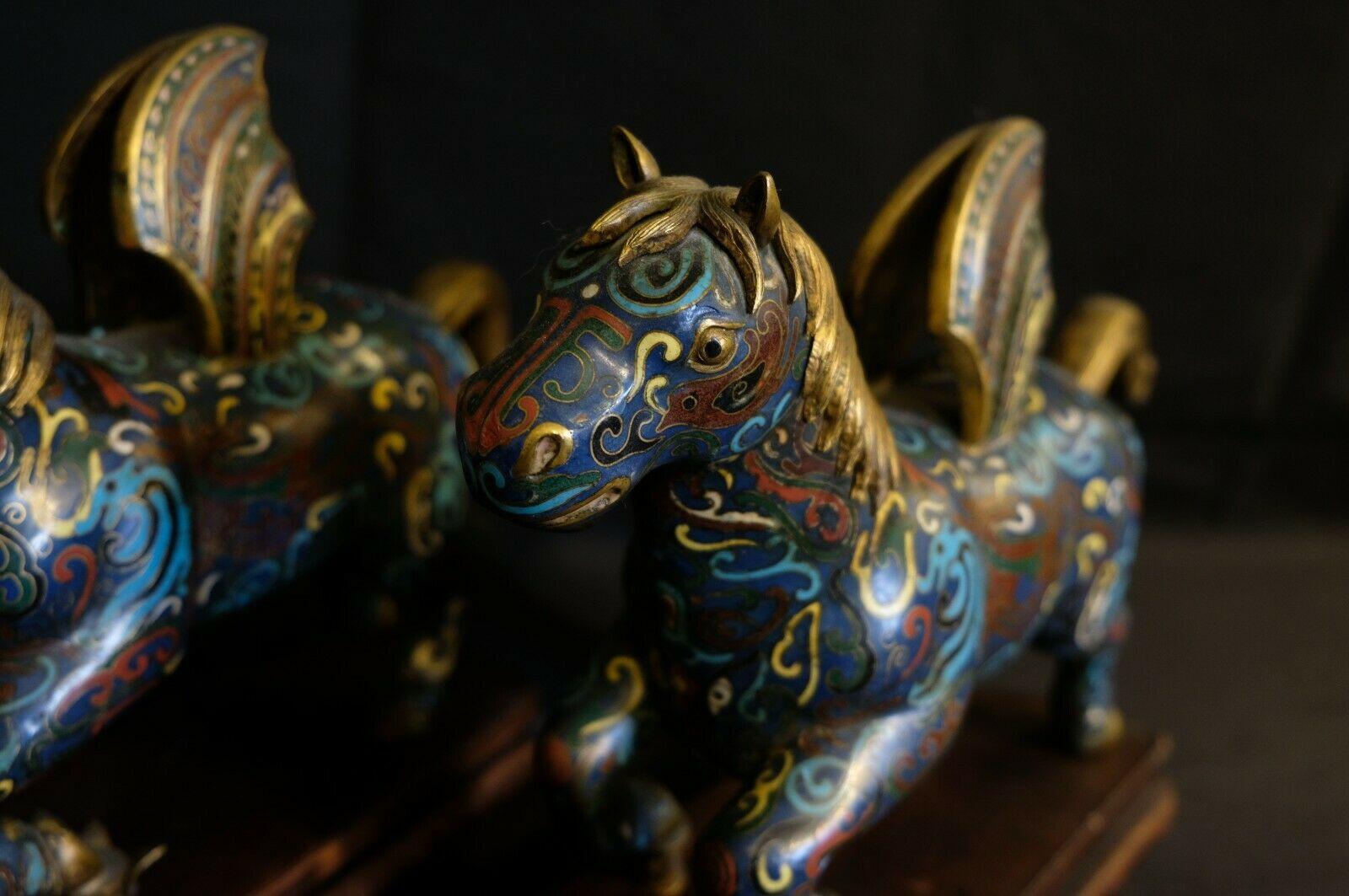 Qing Large Pair of Chinese Cloisonné Winged Horses on the Original Fitted Wood Base For Sale
