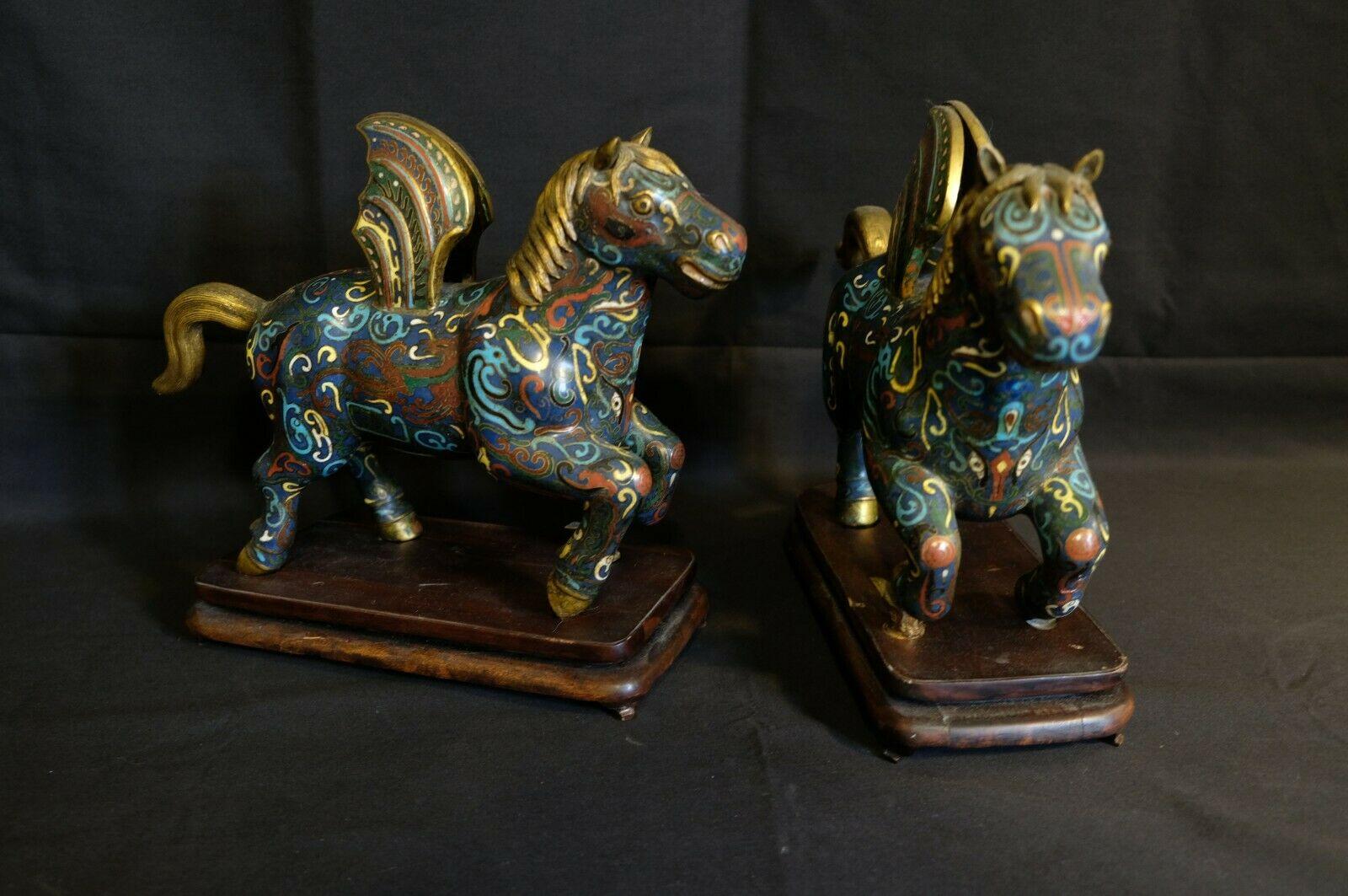 Hand-Crafted Large Pair of Chinese Cloisonné Winged Horses on the Original Fitted Wood Base For Sale