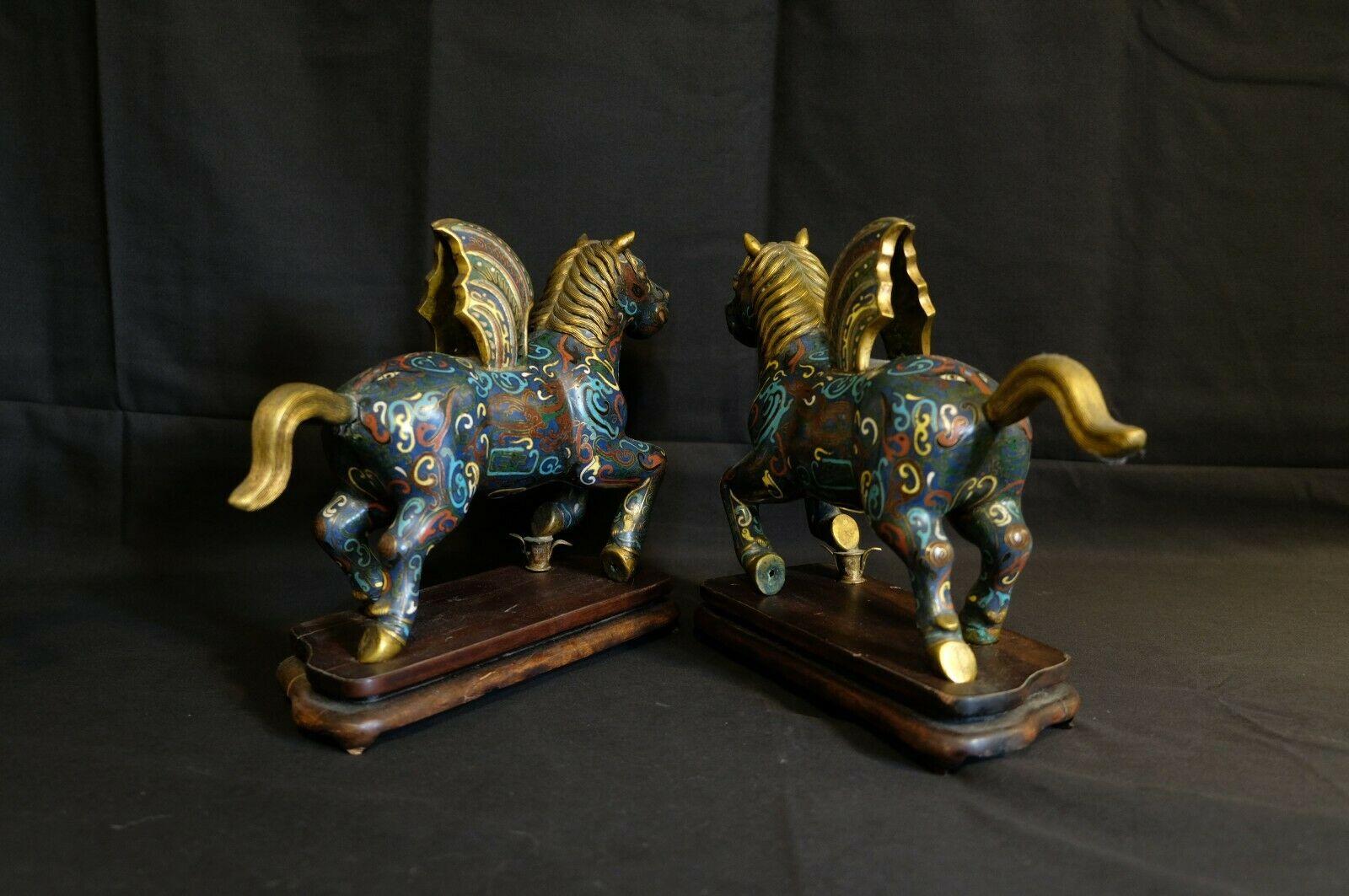 Large Pair of Chinese Cloisonné Winged Horses on the Original Fitted Wood Base In Good Condition For Sale In Norton, MA