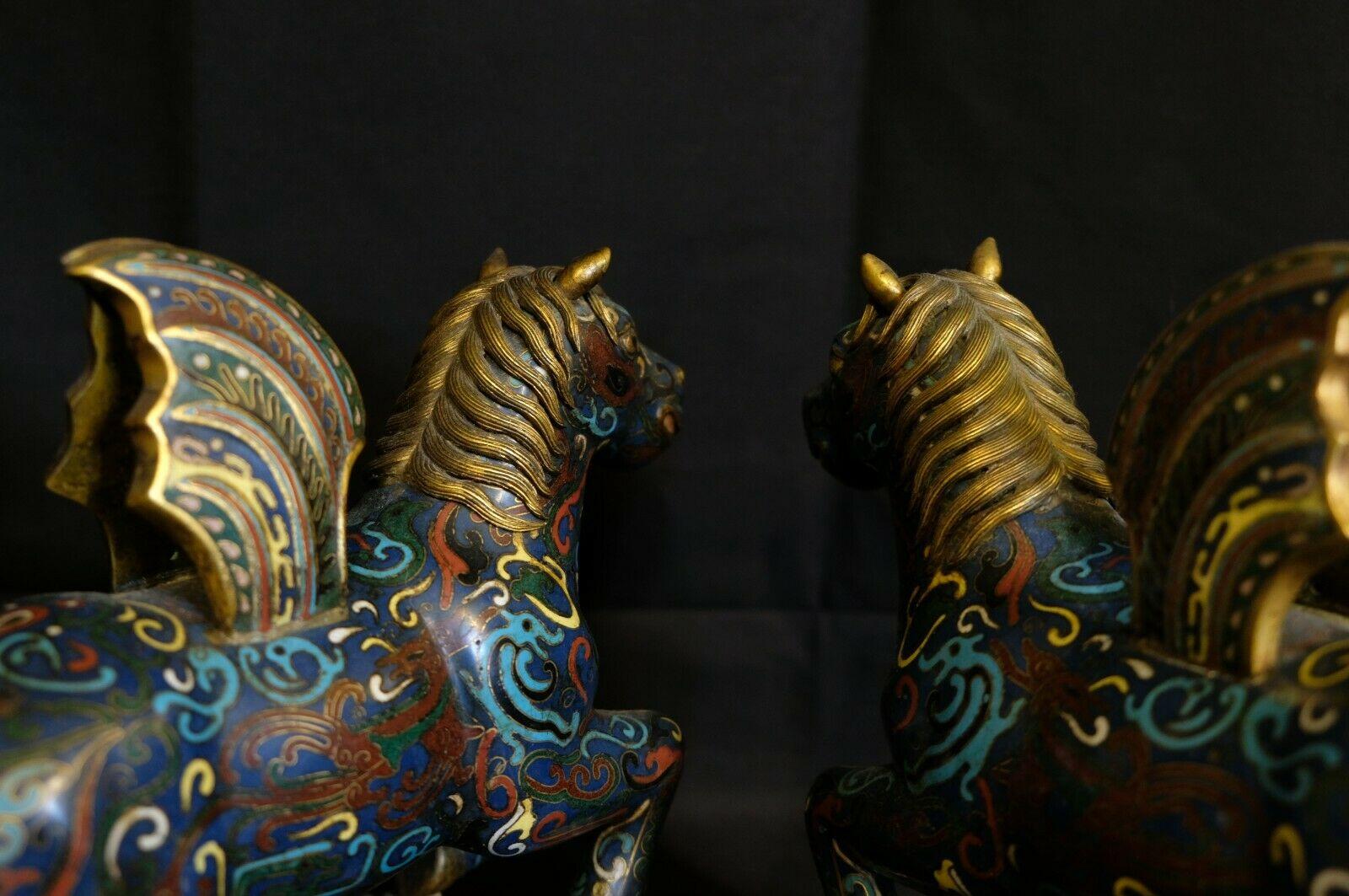 19th Century Large Pair of Chinese Cloisonné Winged Horses on the Original Fitted Wood Base For Sale