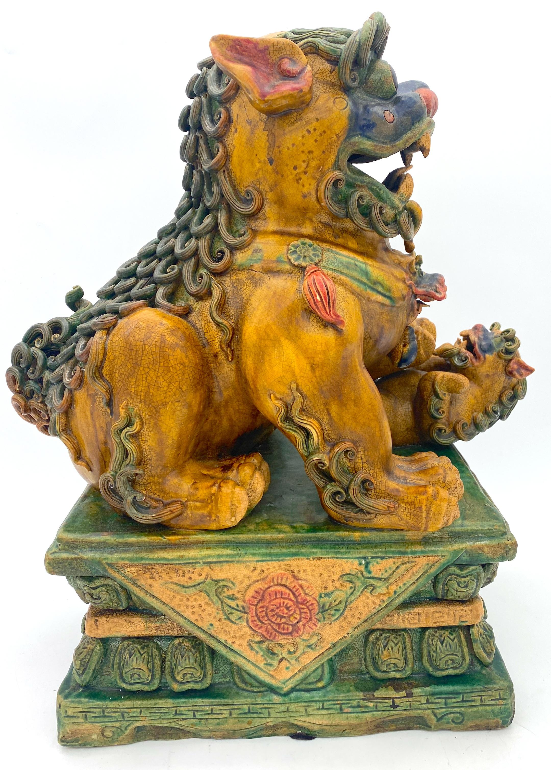 Large Pair of Chinese Export Sancai Glazed Foo Dogs For Sale 6